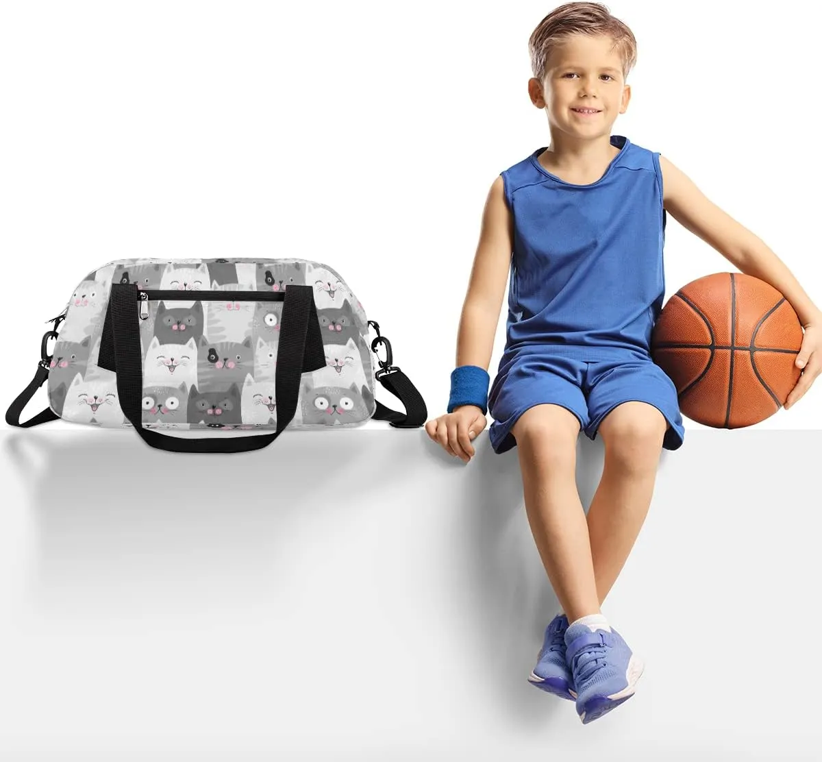 Animal Kids Duffle Bag for Boys & Girls - Dance, Gym, Overnight & School Bag - Grey Kitten Design