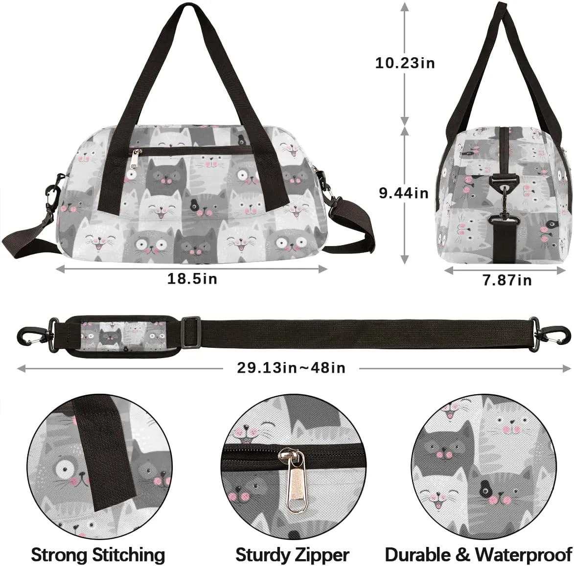 Animal Kids Duffle Bag for Boys & Girls - Dance, Gym, Overnight & School Bag - Grey Kitten Design