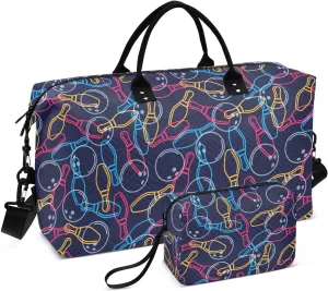 Aslsiy Travel Duffel Bags for Women Colorful Bowling Sports Duffel Bags Black Weekender Bags Gym Bag with Toiletry Bag Carry on Overnight Bag
