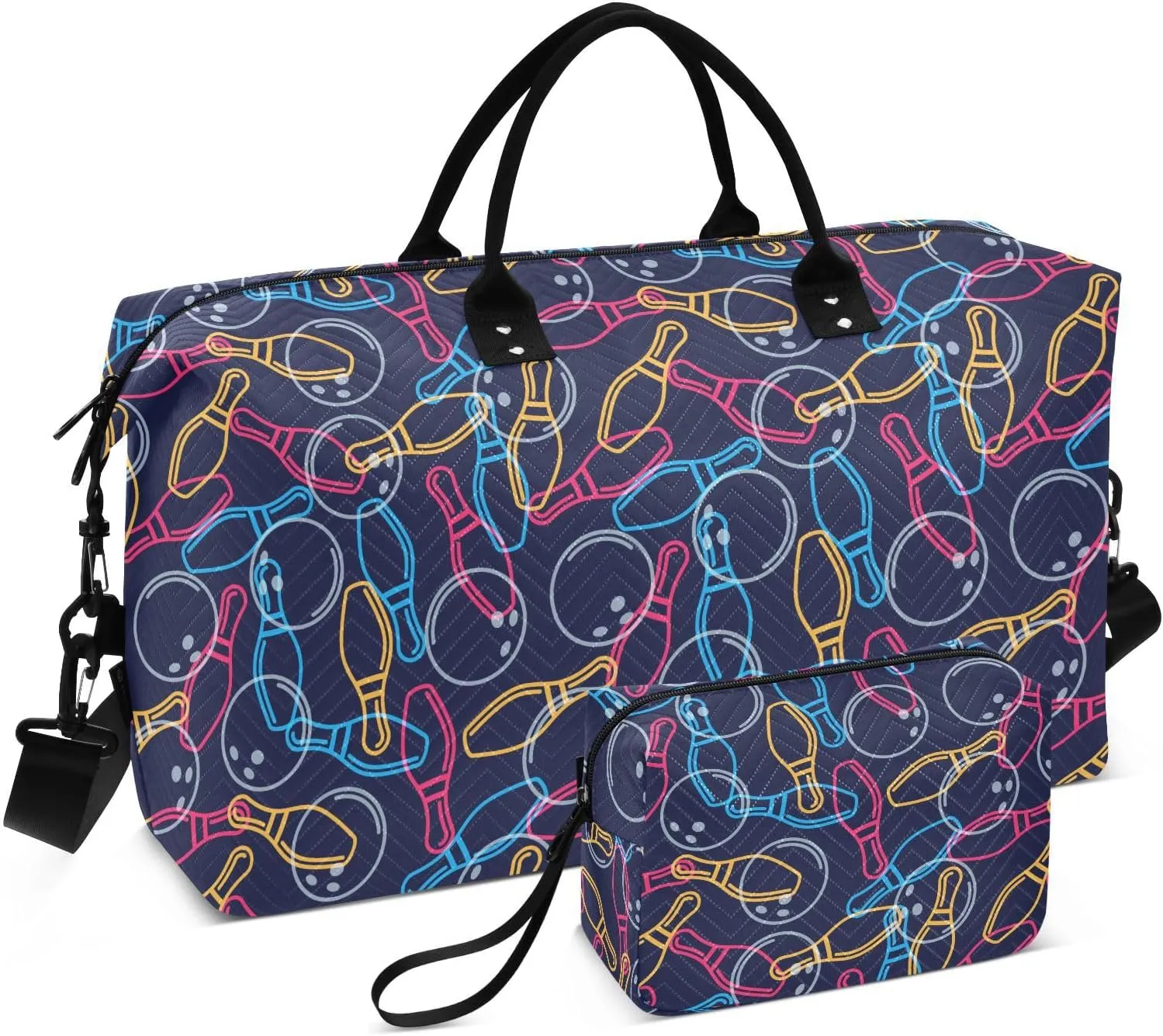 Aslsiy Travel Duffel Bags for Women Colorful Bowling Sports Duffel Bags Black Weekender Bags Gym Bag with Toiletry Bag Carry on Overnight Bag