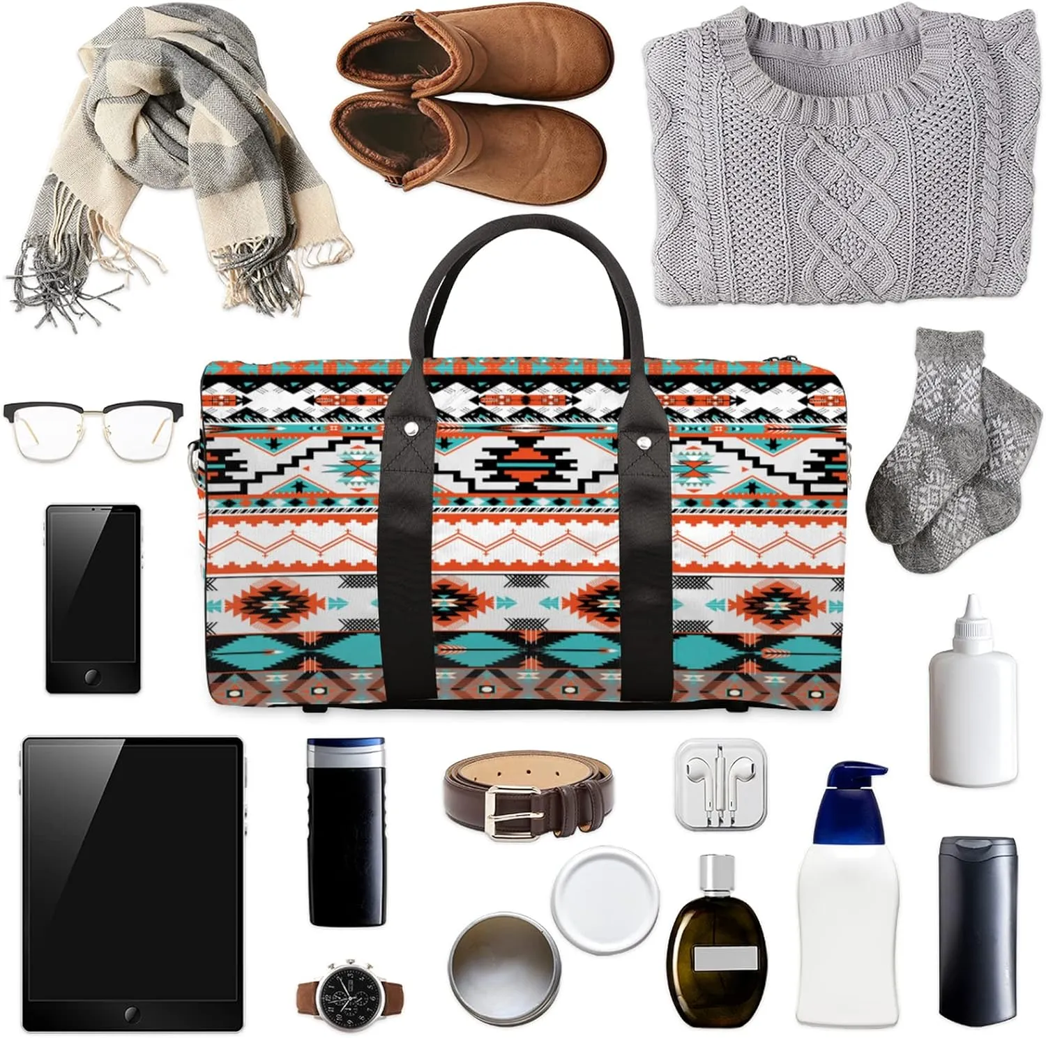 Aztec Western Travel Duffel Bag, Ethnic Aztec Geometric Sports Tote Gym Bag Foldable Western Aztec Weekender Bag Carry on Luggage Handle Bag Overnight Shoulder Bag for Women Men