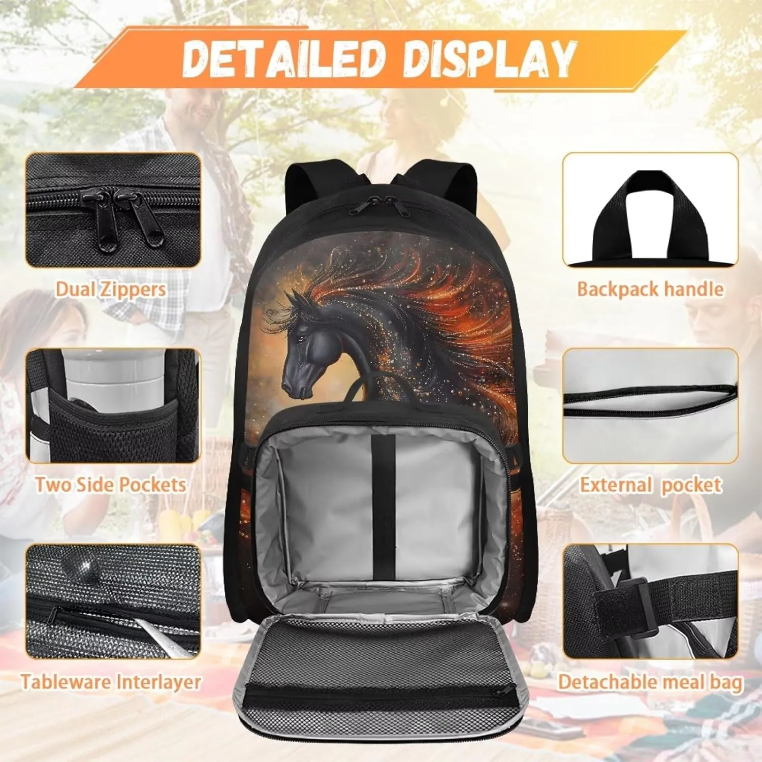 Babrukda 17 Inch Kids School Backpack for Boys with Small Insulated Lunch Bag, Black Horse Design Kids' Backpacks Large Capacity Food Storage Container with Elementary Middle School Bookbags