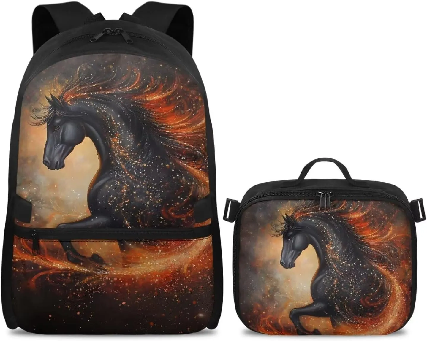Babrukda 17 Inch Kids School Backpack for Boys with Small Insulated Lunch Bag, Black Horse Design Kids' Backpacks Large Capacity Food Storage Container with Elementary Middle School Bookbags