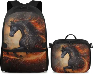 Babrukda 17 Inch Kids School Backpack for Boys with Small Insulated Lunch Bag, Black Horse Design Kids' Backpacks Large Capacity Food Storage Container with Elementary Middle School Bookbags
