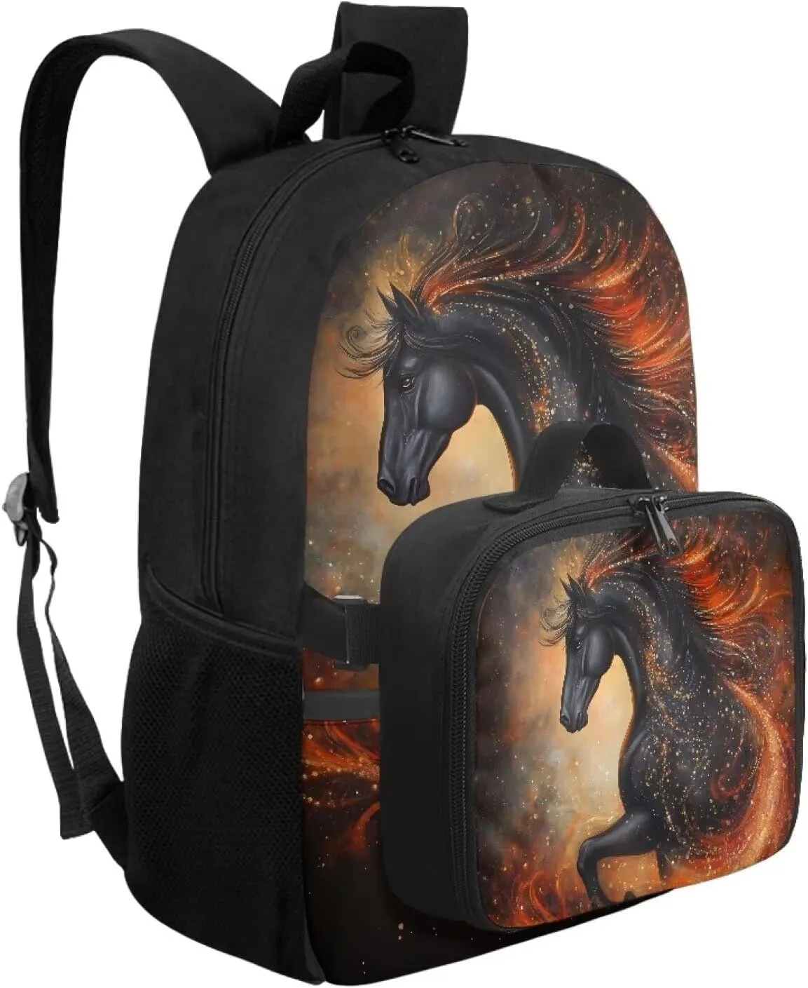 Babrukda 17 Inch Kids School Backpack for Boys with Small Insulated Lunch Bag, Black Horse Design Kids' Backpacks Large Capacity Food Storage Container with Elementary Middle School Bookbags