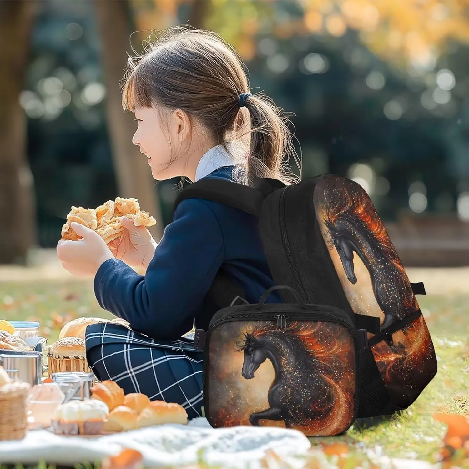 Babrukda 17 Inch Kids School Backpack for Boys with Small Insulated Lunch Bag, Black Horse Design Kids' Backpacks Large Capacity Food Storage Container with Elementary Middle School Bookbags