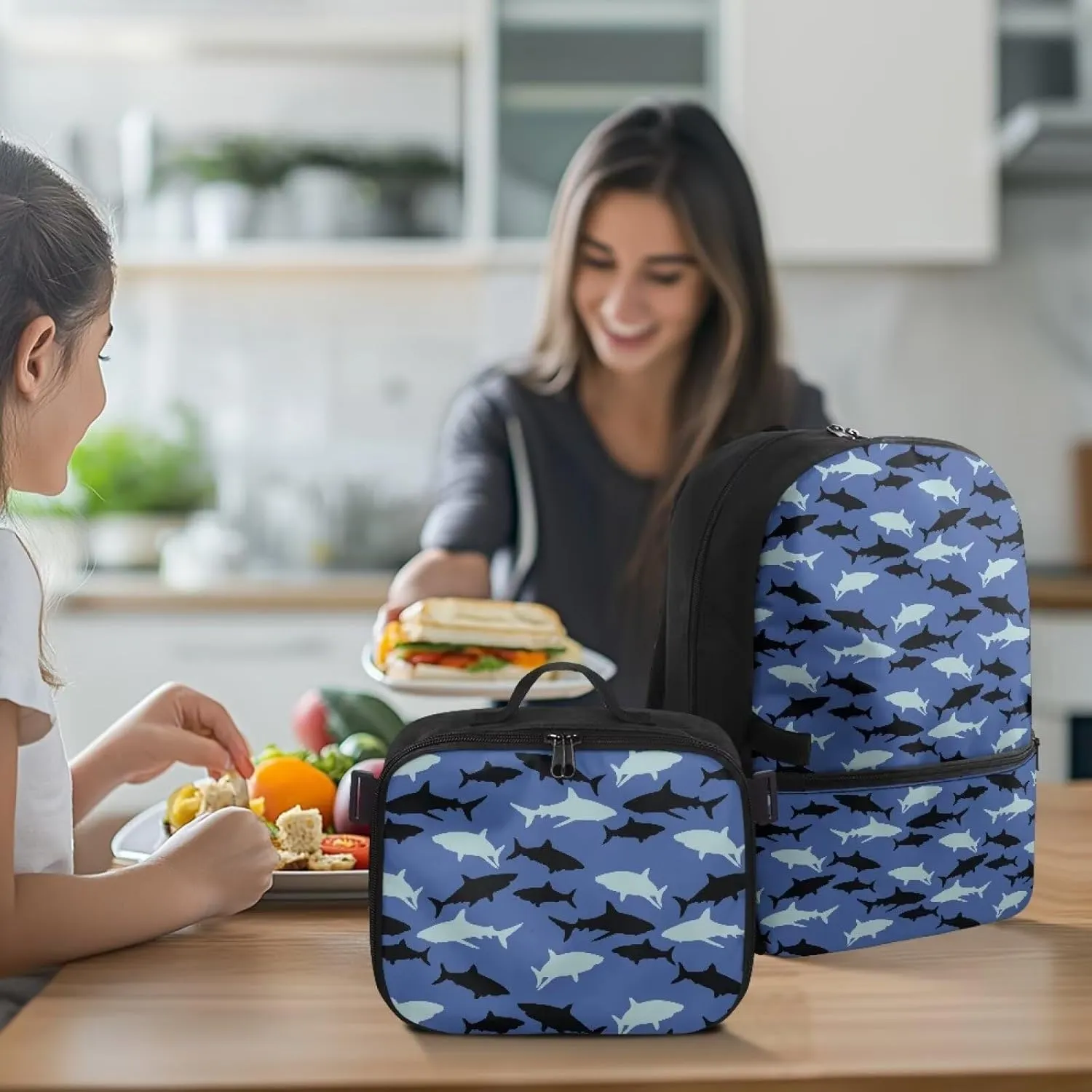 Babrukda 17 Inch Kids School Backpack for Boys with Small Insulated Lunch Bag, Blue Black Shark Kids' Backpacks Large Capacity Food Storage Container with Elementary Middle School Bookbags