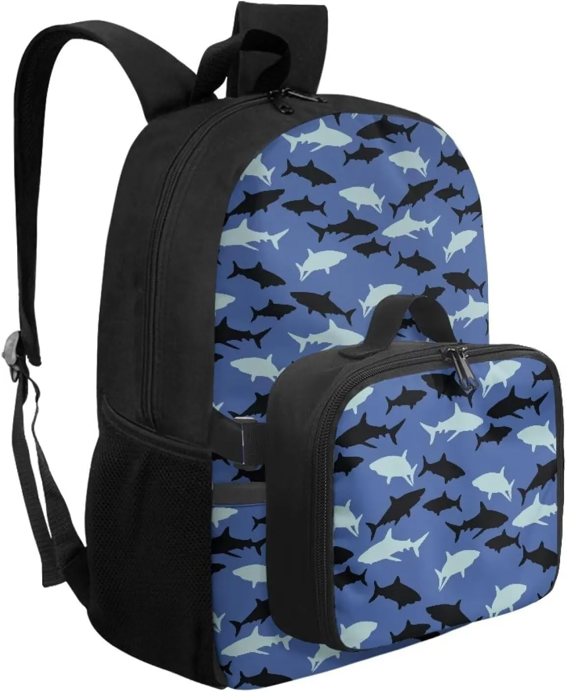 Babrukda 17 Inch Kids School Backpack for Boys with Small Insulated Lunch Bag, Blue Black Shark Kids' Backpacks Large Capacity Food Storage Container with Elementary Middle School Bookbags
