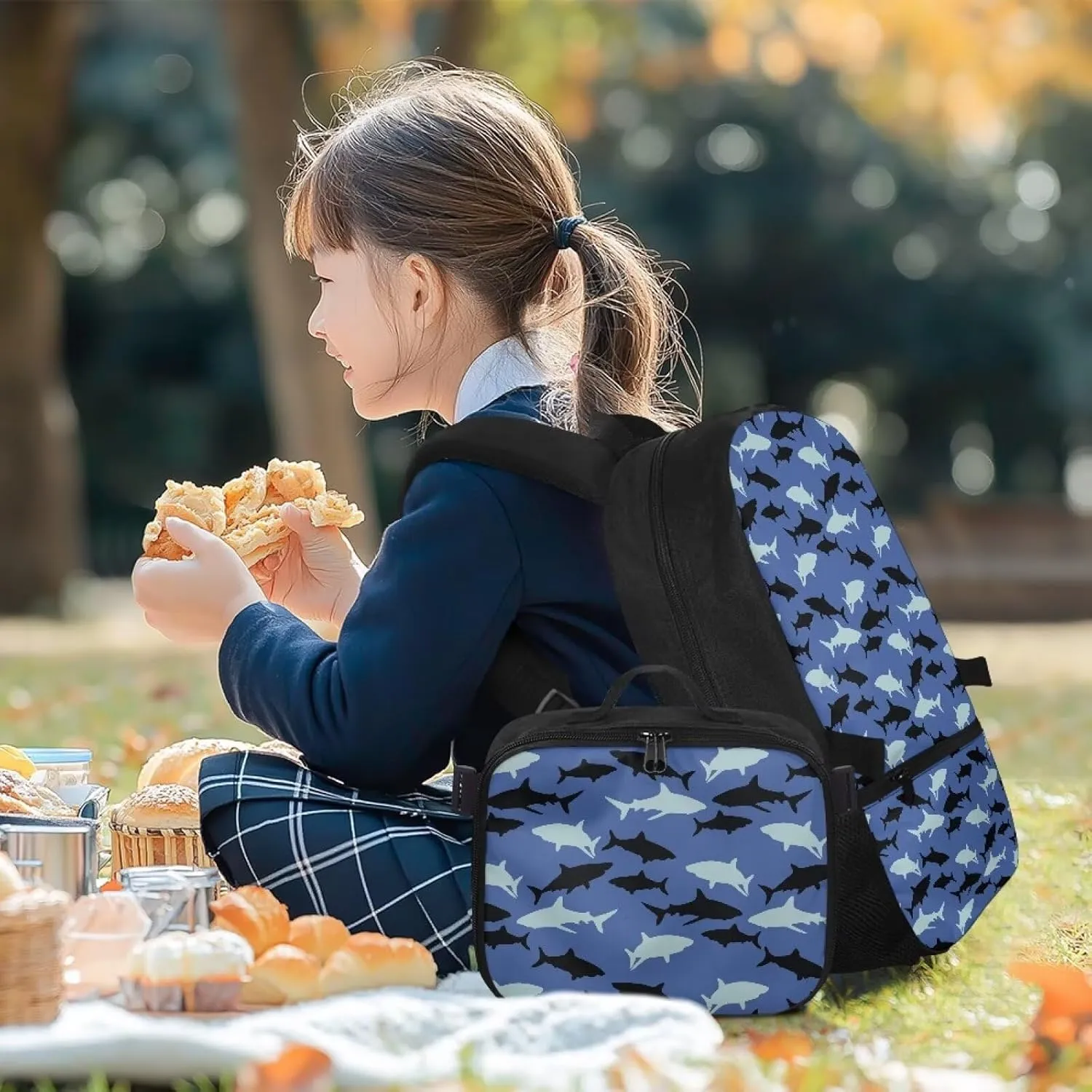 Babrukda 17 Inch Kids School Backpack for Boys with Small Insulated Lunch Bag, Blue Black Shark Kids' Backpacks Large Capacity Food Storage Container with Elementary Middle School Bookbags