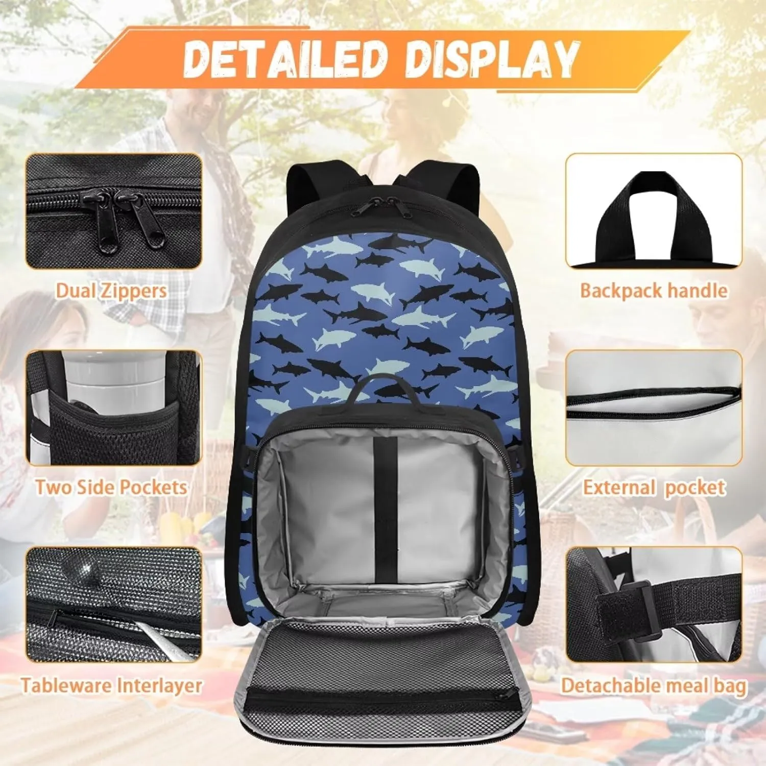 Babrukda 17 Inch Kids School Backpack for Boys with Small Insulated Lunch Bag, Blue Black Shark Kids' Backpacks Large Capacity Food Storage Container with Elementary Middle School Bookbags