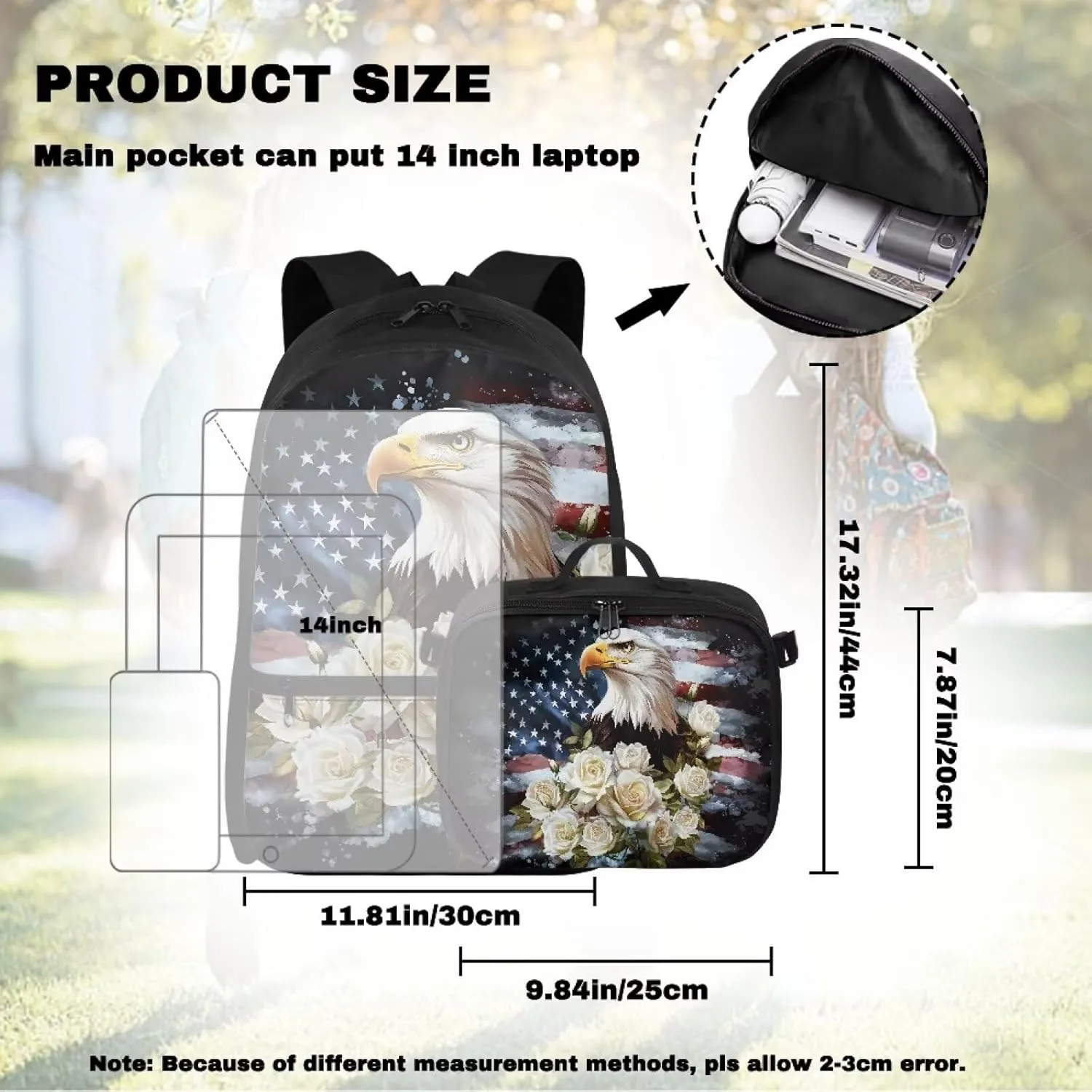 Babrukda 17 Inch School Backpack for Boys Girls with Small Lunch Tote Bag, Daypack Backpacks with Adjustable Shoulder Straps, Leakproof Food Storage Container, American Flag Eagle Design