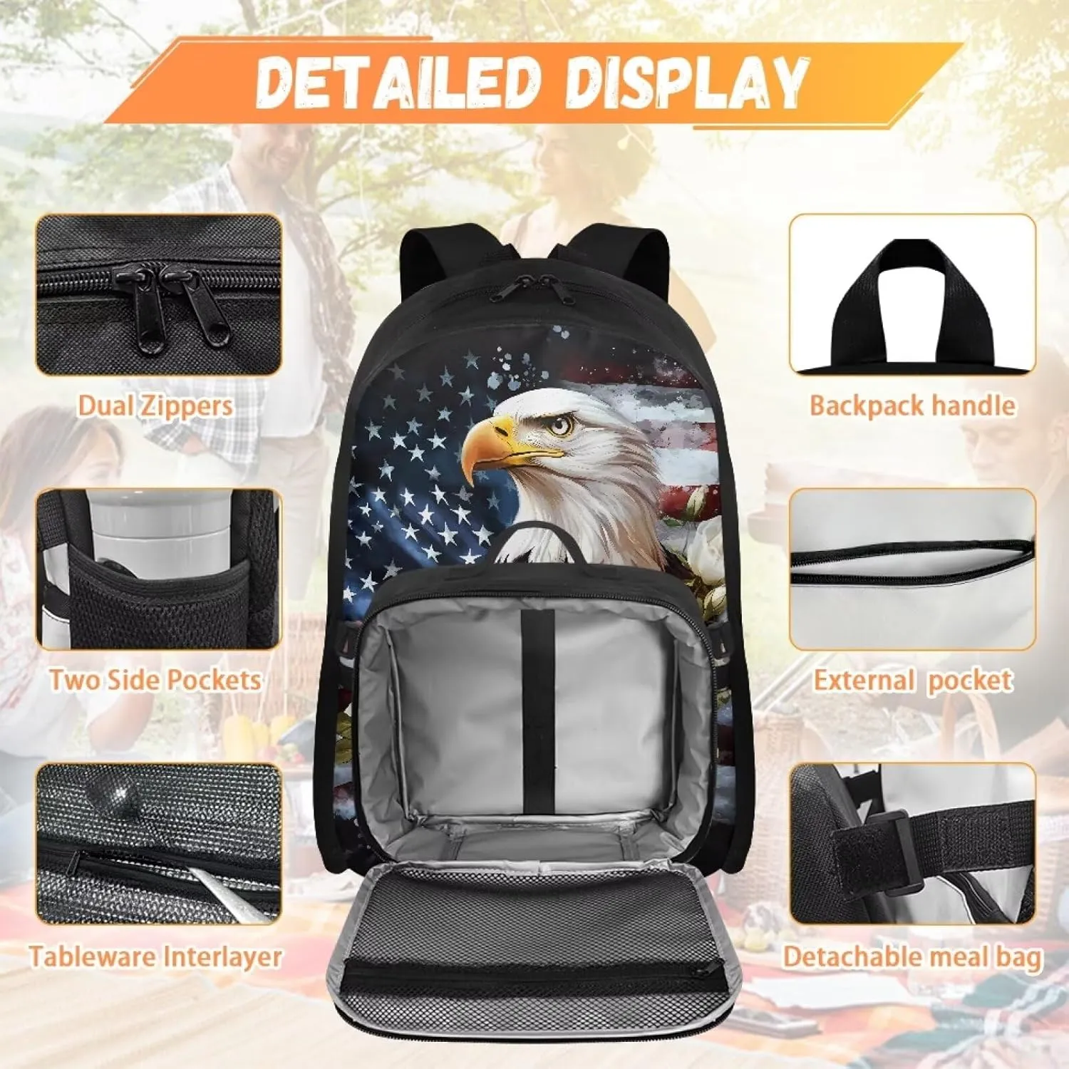 Babrukda 17 Inch School Backpack for Boys Girls with Small Lunch Tote Bag, Daypack Backpacks with Adjustable Shoulder Straps, Leakproof Food Storage Container, American Flag Eagle Design