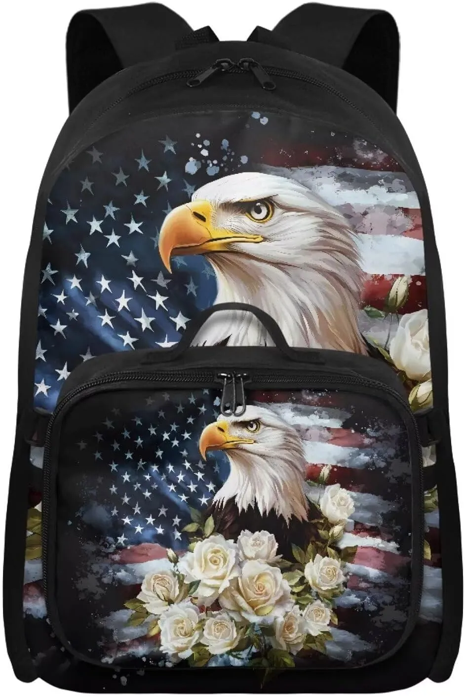 Babrukda 17 Inch School Backpack for Boys Girls with Small Lunch Tote Bag, Daypack Backpacks with Adjustable Shoulder Straps, Leakproof Food Storage Container, American Flag Eagle Design