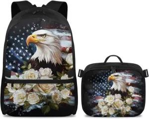 Babrukda 17 Inch School Backpack for Boys Girls with Small Lunch Tote Bag, Daypack Backpacks with Adjustable Shoulder Straps, Leakproof Food Storage Container, American Flag Eagle Design