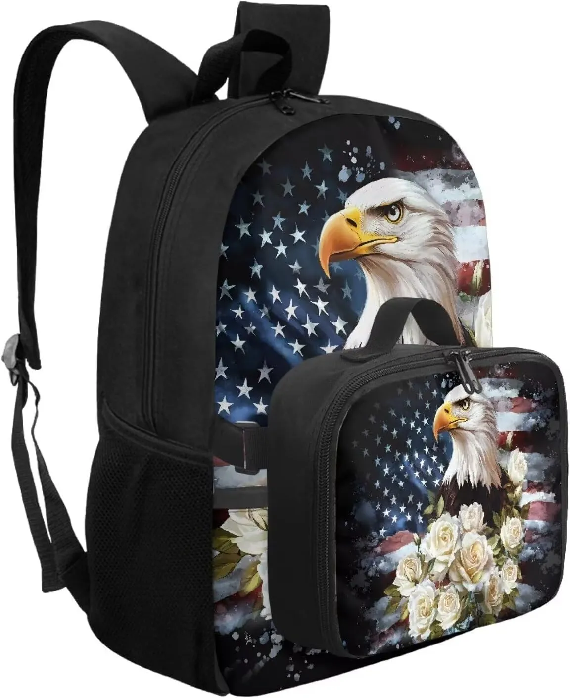 Babrukda 17 Inch School Backpack for Boys Girls with Small Lunch Tote Bag, Daypack Backpacks with Adjustable Shoulder Straps, Leakproof Food Storage Container, American Flag Eagle Design