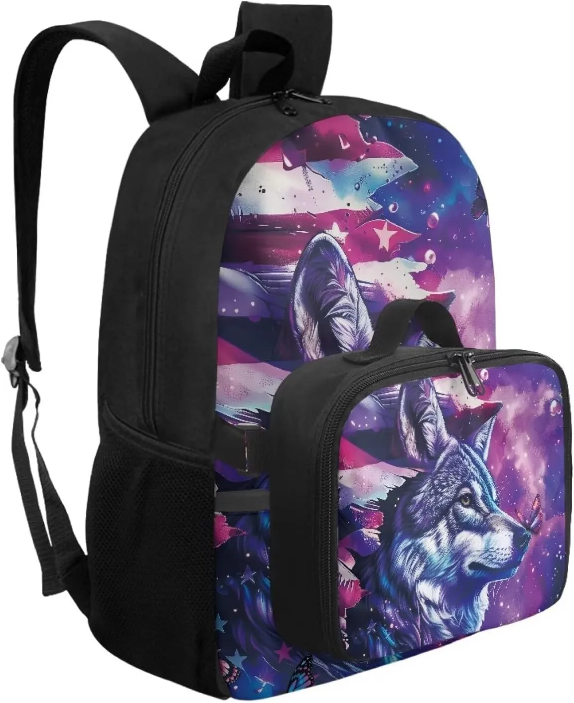 Babrukda 17 Inch School Backpack for Boys with Small Lunch Tote Bag, Daypack Backpacks with Adjustable Shoulder Straps, Leakproof Food Storage Container, American Flag Wolf Design