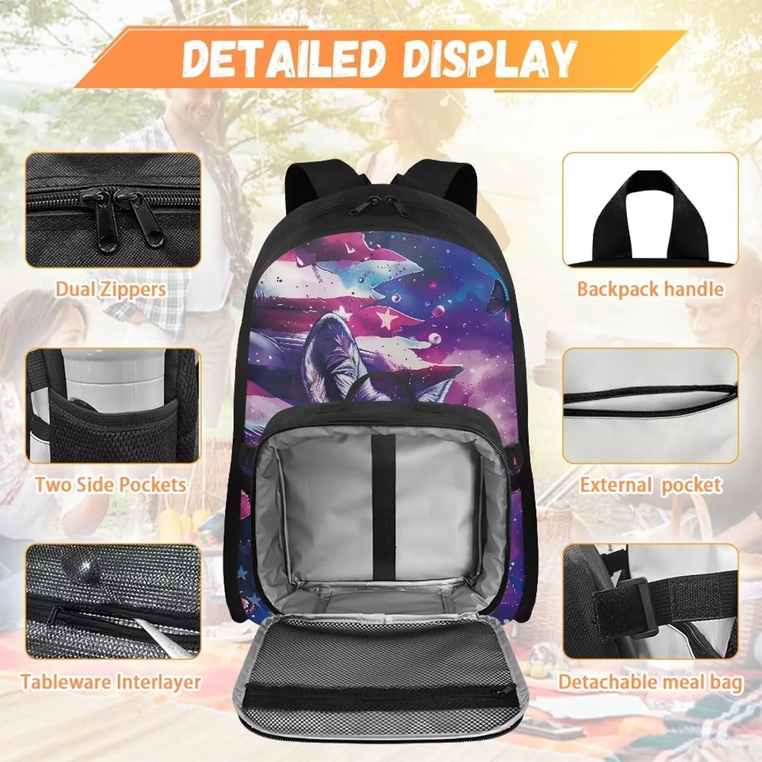Babrukda 17 Inch School Backpack for Boys with Small Lunch Tote Bag, Daypack Backpacks with Adjustable Shoulder Straps, Leakproof Food Storage Container, American Flag Wolf Design