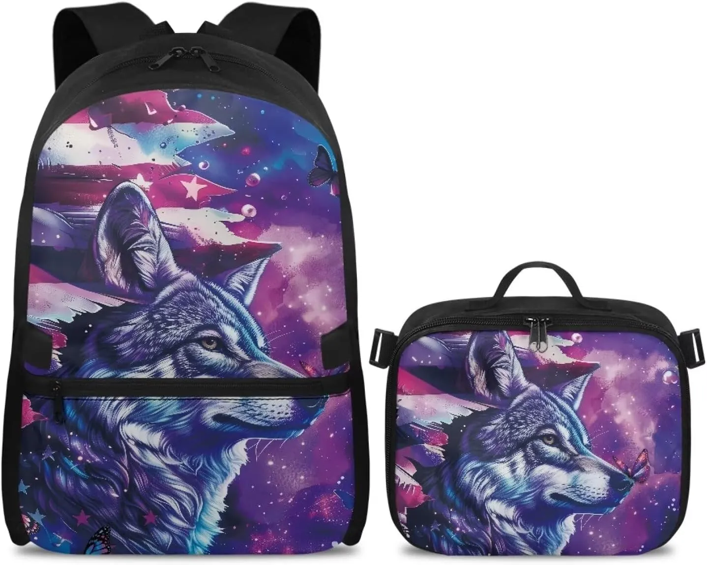 Babrukda 17 Inch School Backpack for Boys with Small Lunch Tote Bag, Daypack Backpacks with Adjustable Shoulder Straps, Leakproof Food Storage Container, American Flag Wolf Design