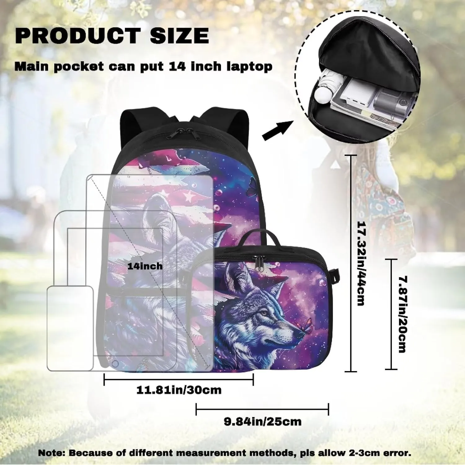 Babrukda 17 Inch School Backpack for Boys with Small Lunch Tote Bag, Daypack Backpacks with Adjustable Shoulder Straps, Leakproof Food Storage Container, American Flag Wolf Design