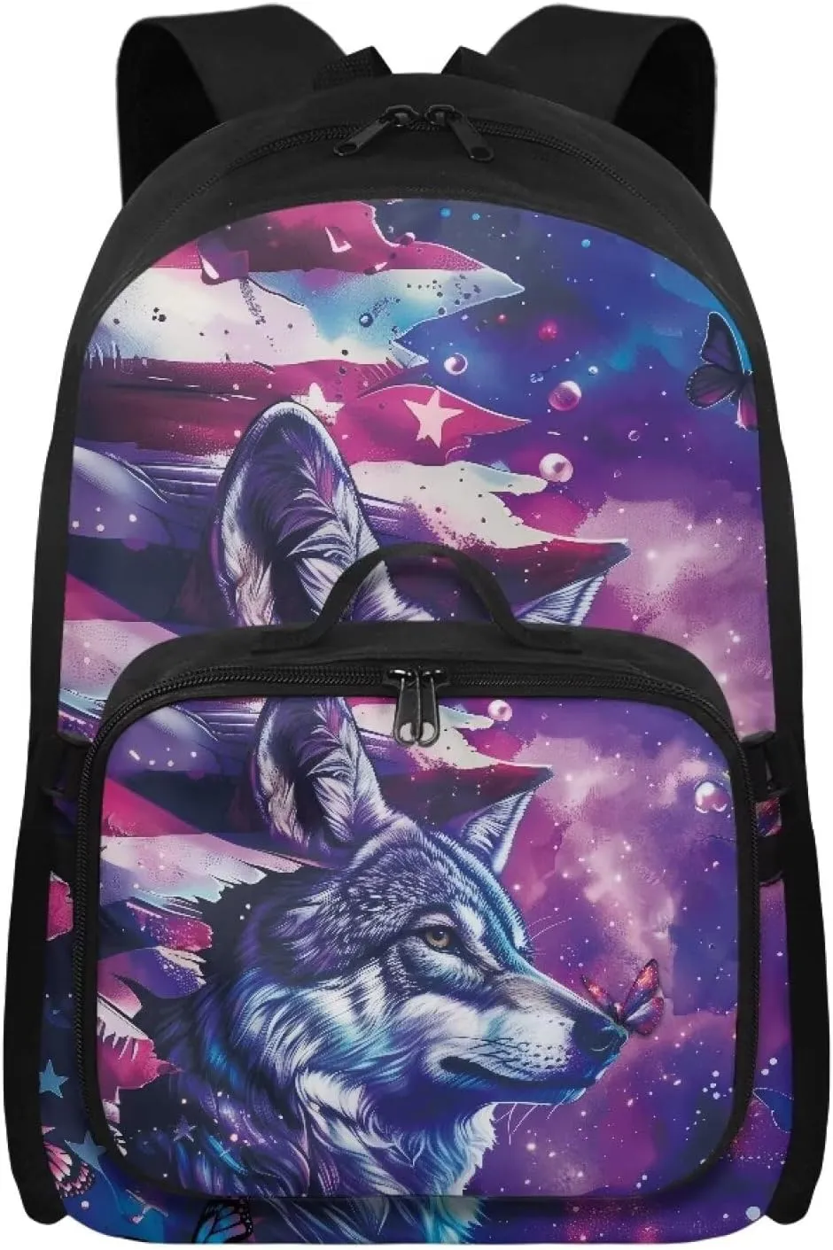 Babrukda 17 Inch School Backpack for Boys with Small Lunch Tote Bag, Daypack Backpacks with Adjustable Shoulder Straps, Leakproof Food Storage Container, American Flag Wolf Design