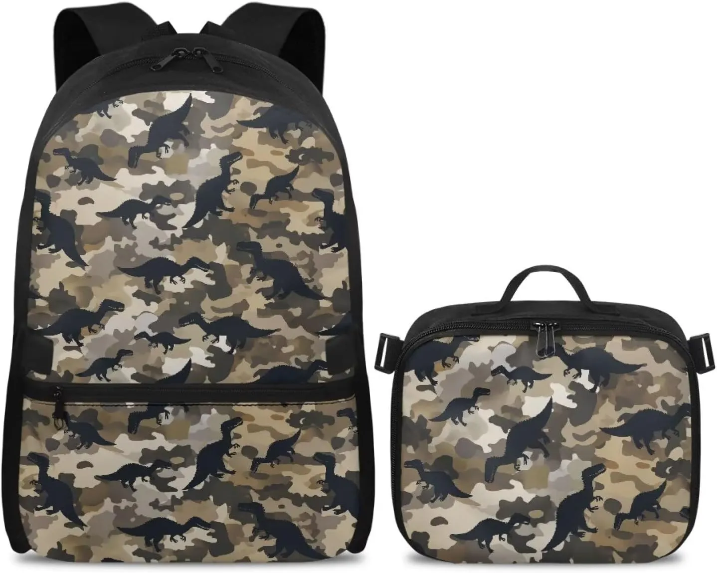 Babrukda 17 Inch School Backpack Set for Boys Small Lunch Tote Bag, Daypack Backpacks 2 Pieces Back to School Supplies, Leakproof Food Storage Container, Camo Dinosaur Design