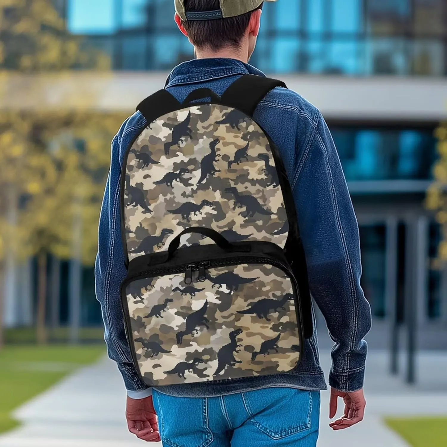 Babrukda 17 Inch School Backpack Set for Boys Small Lunch Tote Bag, Daypack Backpacks 2 Pieces Back to School Supplies, Leakproof Food Storage Container, Camo Dinosaur Design