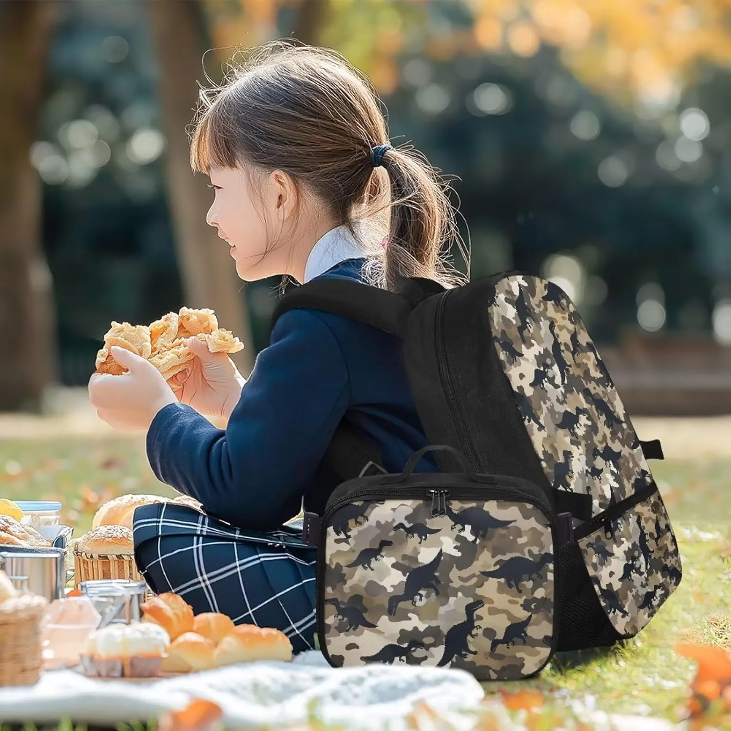 Babrukda 17 Inch School Backpack Set for Boys Small Lunch Tote Bag, Daypack Backpacks 2 Pieces Back to School Supplies, Leakproof Food Storage Container, Camo Dinosaur Design