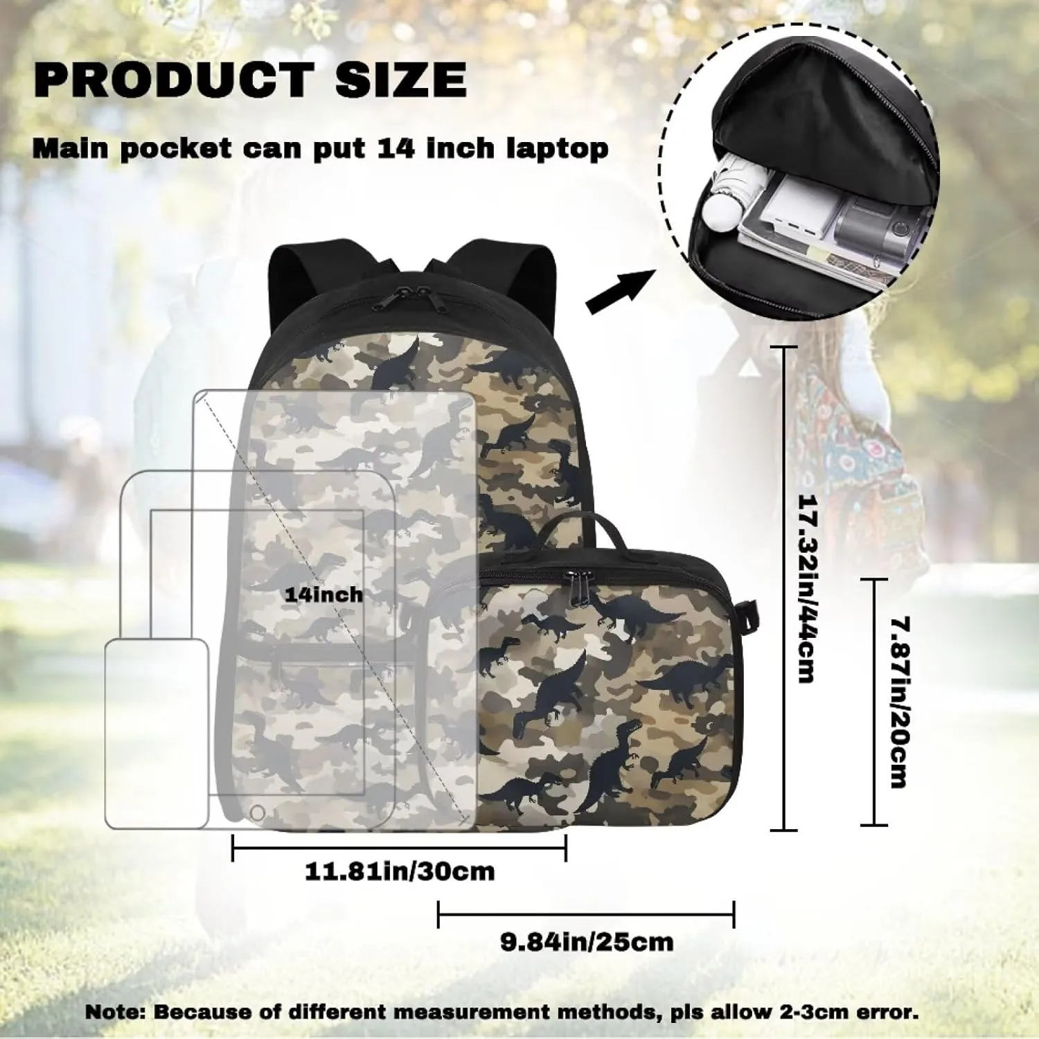 Babrukda 17 Inch School Backpack Set for Boys Small Lunch Tote Bag, Daypack Backpacks 2 Pieces Back to School Supplies, Leakproof Food Storage Container, Camo Dinosaur Design