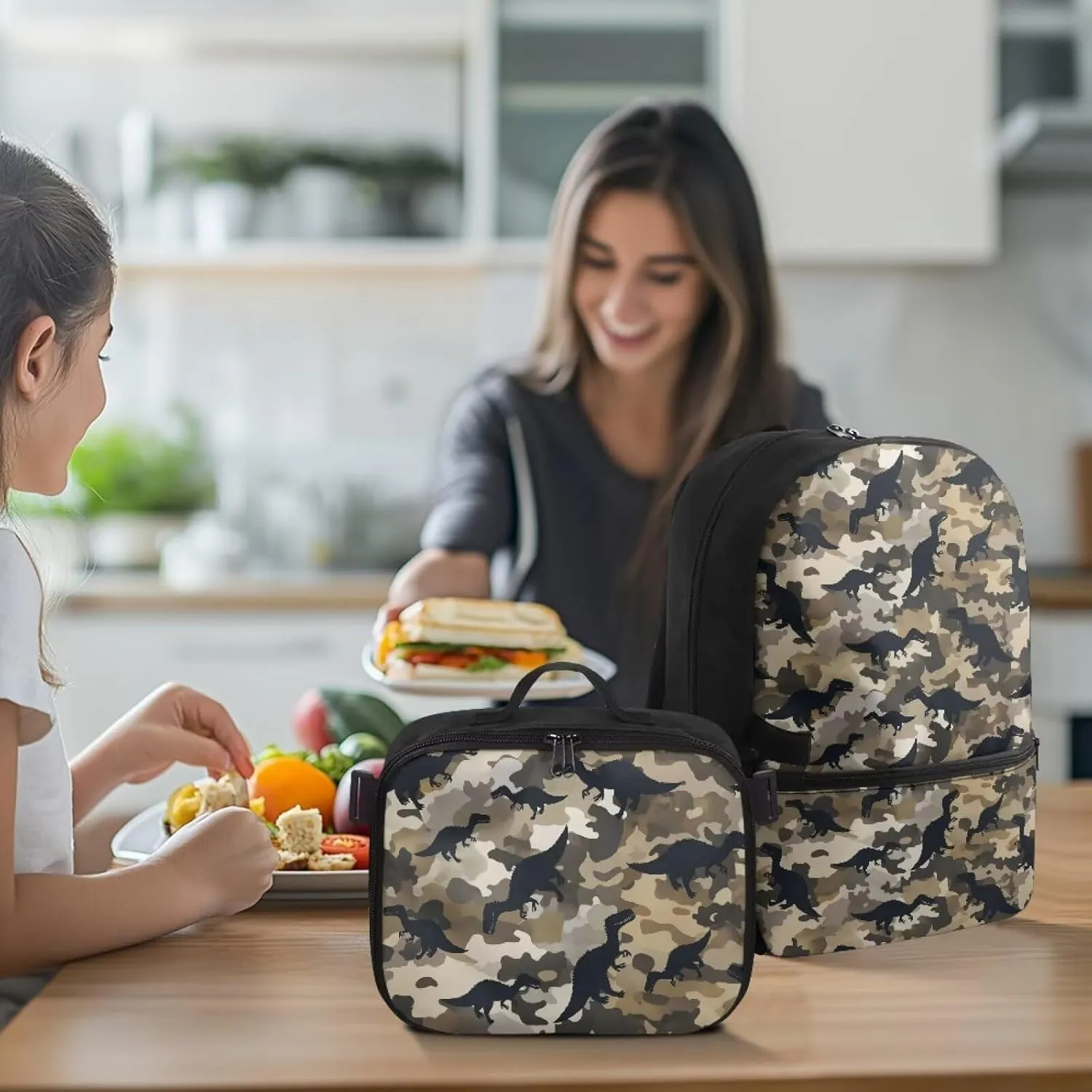 Babrukda 17 Inch School Backpack Set for Boys Small Lunch Tote Bag, Daypack Backpacks 2 Pieces Back to School Supplies, Leakproof Food Storage Container, Camo Dinosaur Design