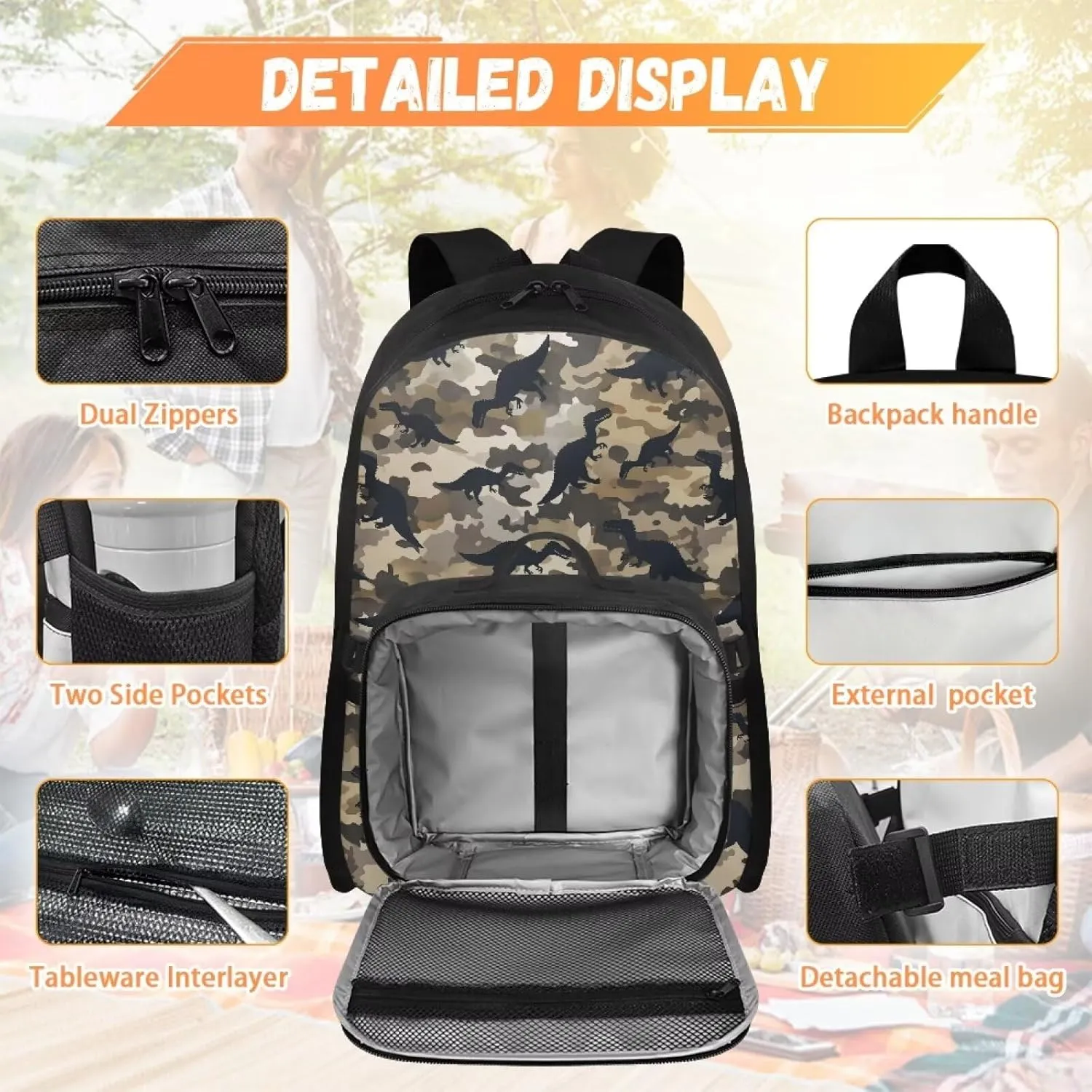 Babrukda 17 Inch School Backpack Set for Boys Small Lunch Tote Bag, Daypack Backpacks 2 Pieces Back to School Supplies, Leakproof Food Storage Container, Camo Dinosaur Design