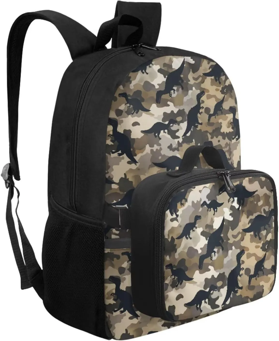 Babrukda 17 Inch School Backpack Set for Boys Small Lunch Tote Bag, Daypack Backpacks 2 Pieces Back to School Supplies, Leakproof Food Storage Container, Camo Dinosaur Design