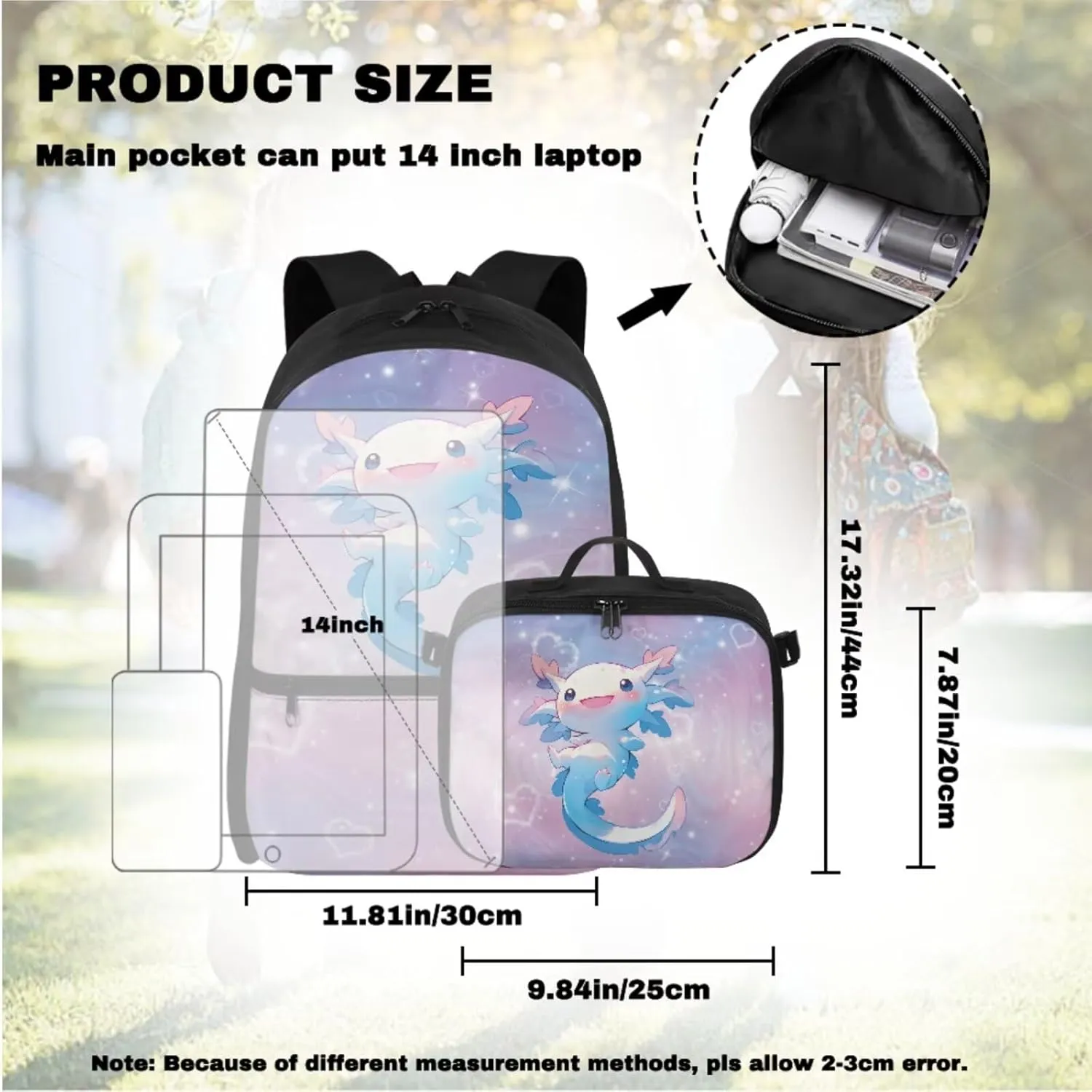Babrukda 17 Inch School Backpack Set for Girls with Small Lunch Box Bag, Insulated Lunch Bag with Pencil Bag Zipper Pouch, 4Pcs School Supplies Set with Wristlet Keychain, Pink Galaxy Axolotl