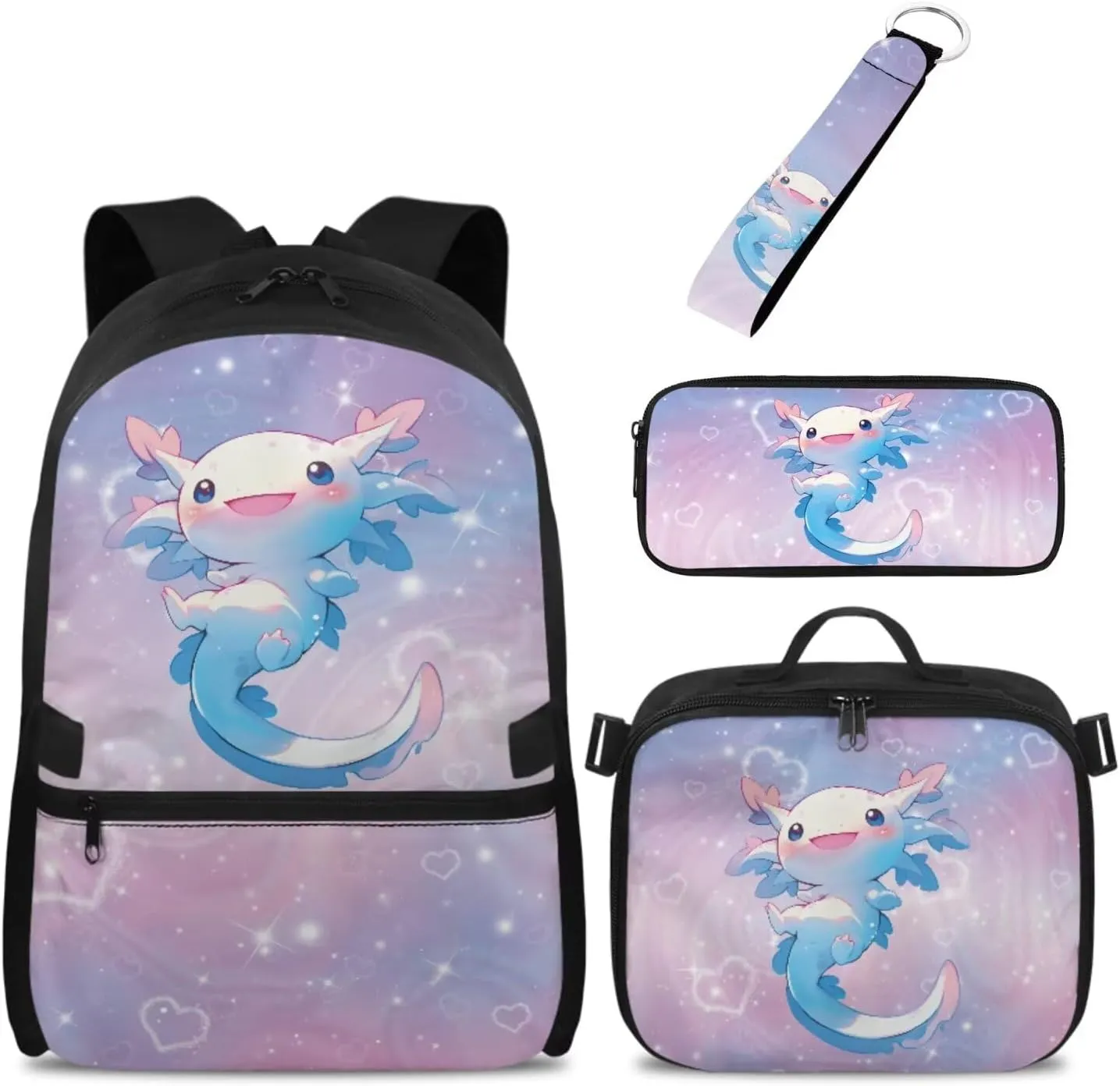 Babrukda 17 Inch School Backpack Set for Girls with Small Lunch Box Bag, Insulated Lunch Bag with Pencil Bag Zipper Pouch, 4Pcs School Supplies Set with Wristlet Keychain, Pink Galaxy Axolotl