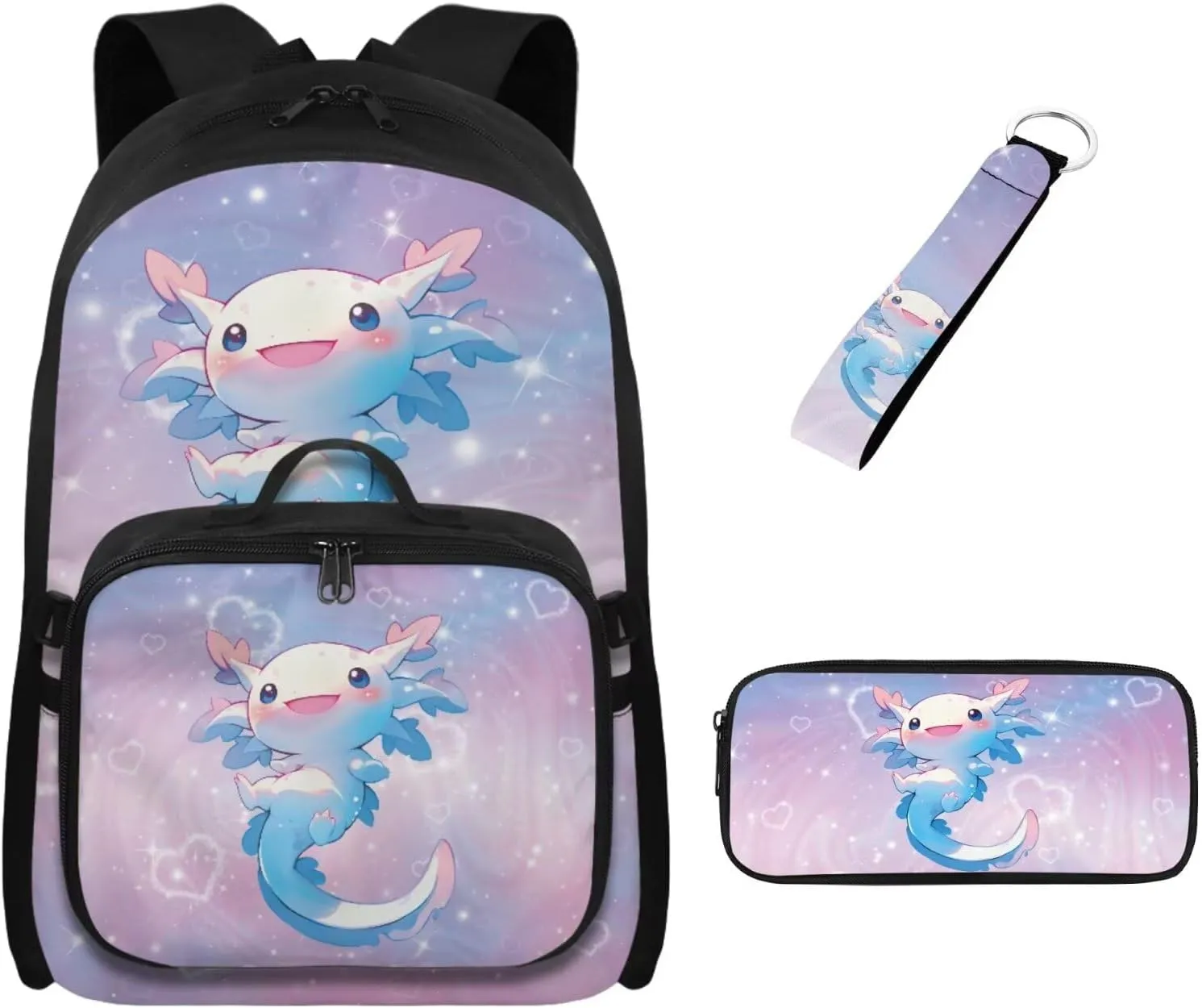 Babrukda 17 Inch School Backpack Set for Girls with Small Lunch Box Bag, Insulated Lunch Bag with Pencil Bag Zipper Pouch, 4Pcs School Supplies Set with Wristlet Keychain, Pink Galaxy Axolotl