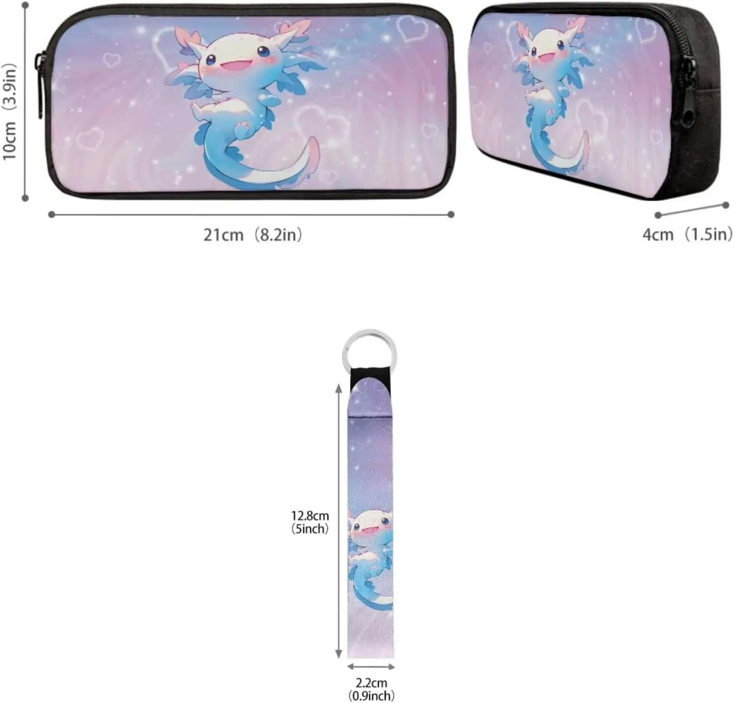 Babrukda 17 Inch School Backpack Set for Girls with Small Lunch Box Bag, Insulated Lunch Bag with Pencil Bag Zipper Pouch, 4Pcs School Supplies Set with Wristlet Keychain, Pink Galaxy Axolotl