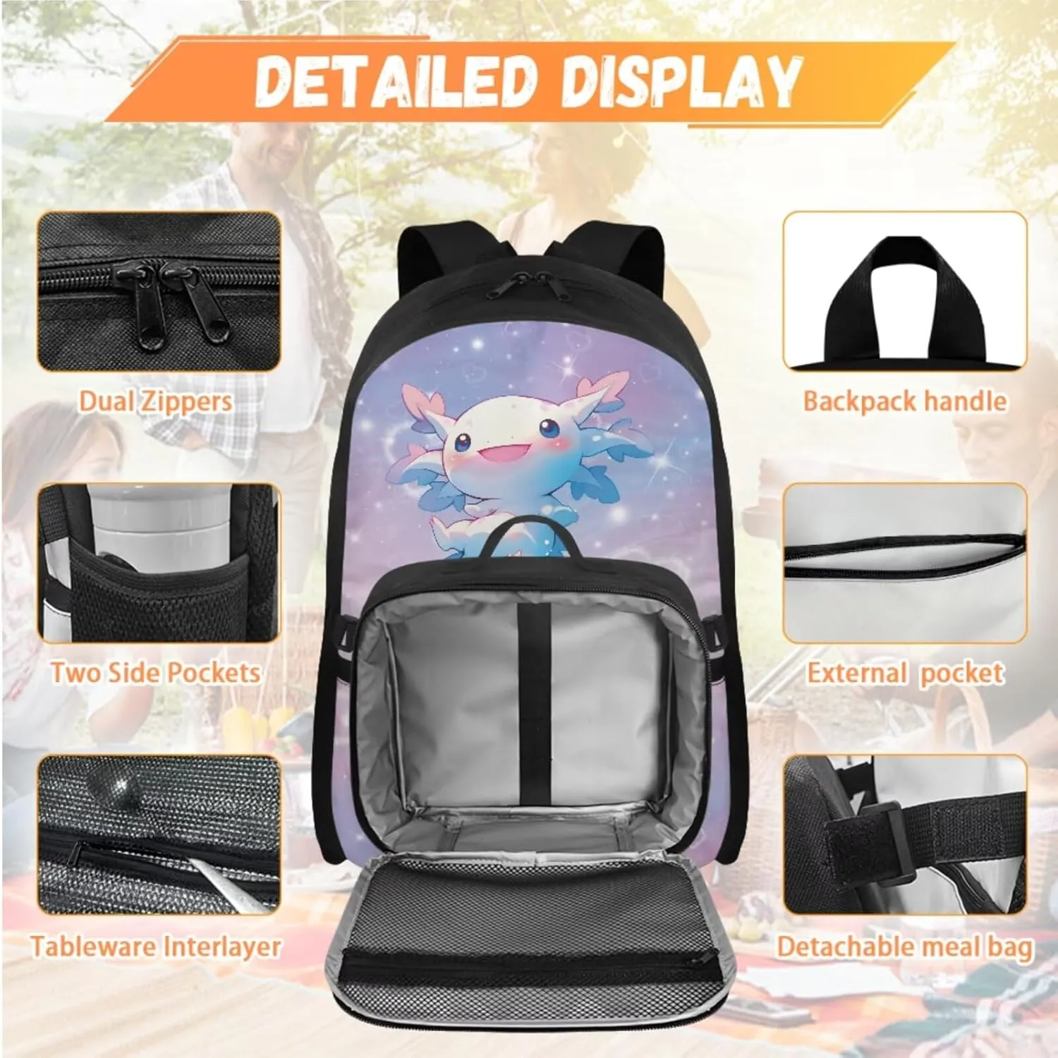 Babrukda 17 Inch School Backpack Set for Girls with Small Lunch Box Bag, Insulated Lunch Bag with Pencil Bag Zipper Pouch, 4Pcs School Supplies Set with Wristlet Keychain, Pink Galaxy Axolotl