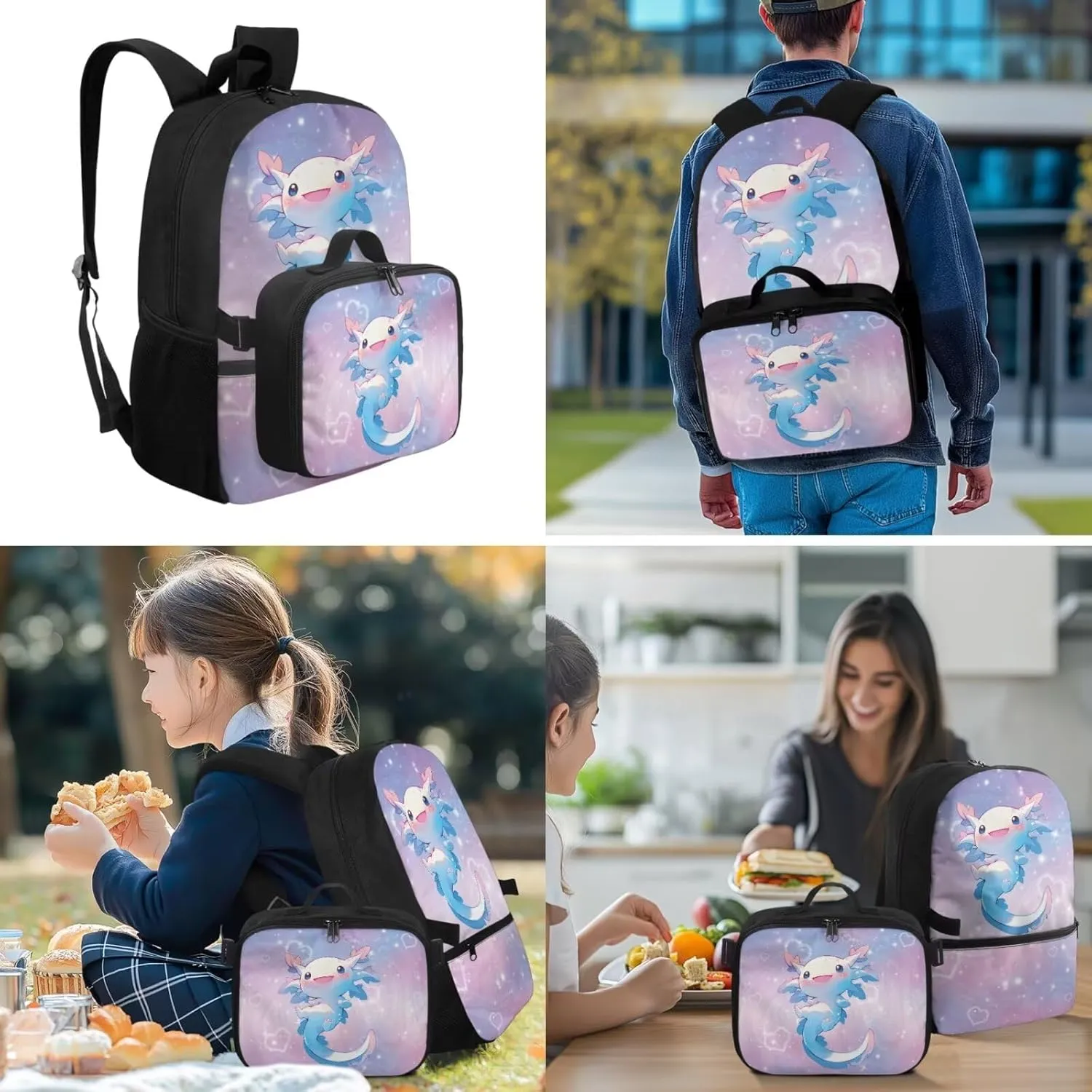 Babrukda 17 Inch School Backpack Set for Girls with Small Lunch Box Bag, Insulated Lunch Bag with Pencil Bag Zipper Pouch, 4Pcs School Supplies Set with Wristlet Keychain, Pink Galaxy Axolotl