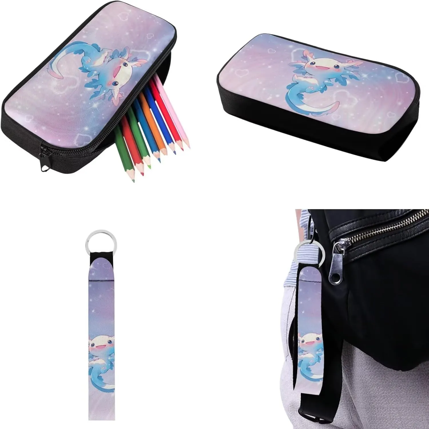 Babrukda 17 Inch School Backpack Set for Girls with Small Lunch Box Bag, Insulated Lunch Bag with Pencil Bag Zipper Pouch, 4Pcs School Supplies Set with Wristlet Keychain, Pink Galaxy Axolotl