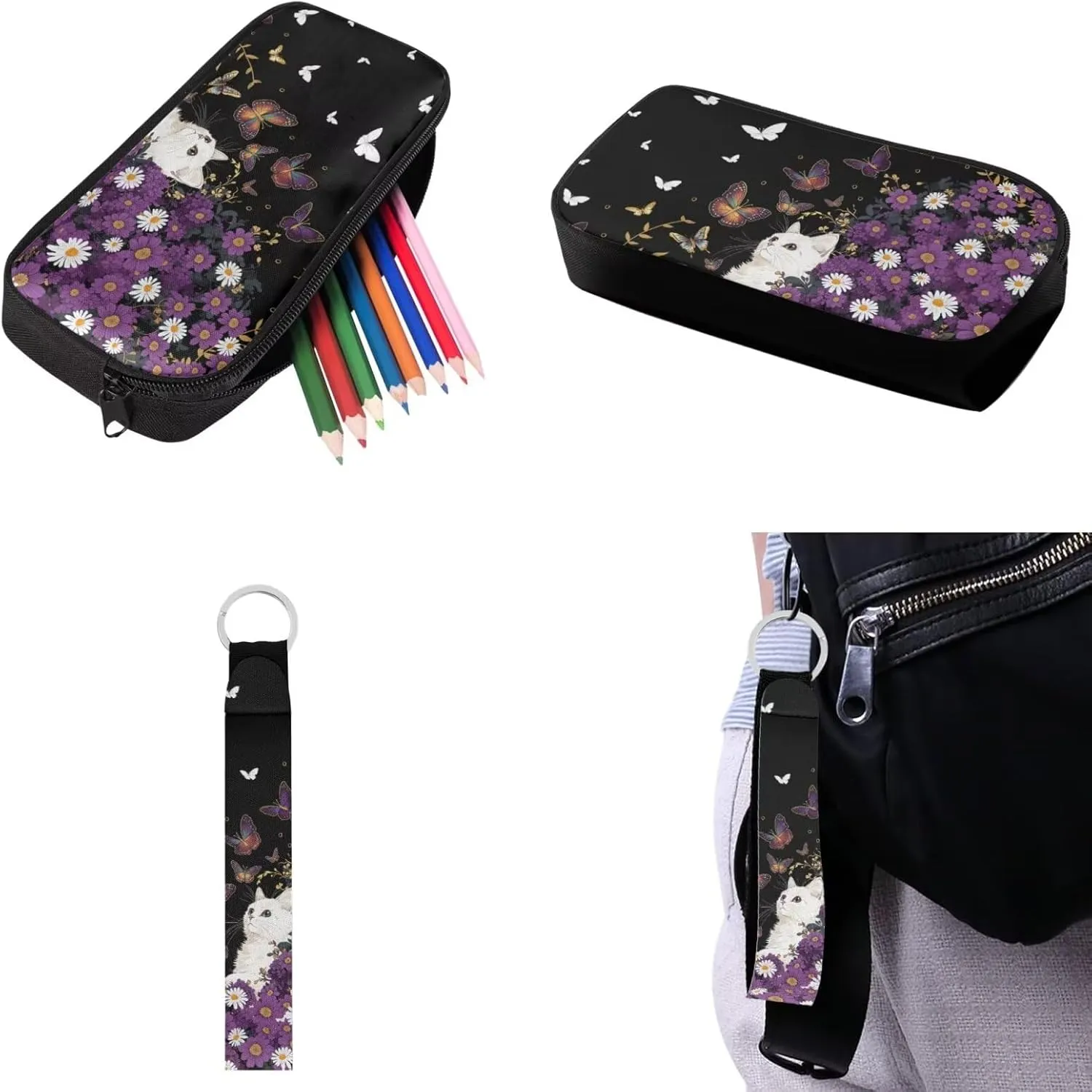 Babrukda 17 Inch School Backpack Set for Teen Girls Insulated Lunch Bag with Pencil Bag Organizer Pouch Large Capacity School Back Pack with Pencil Case Organizer, Butterfly Floral Cat Keychain