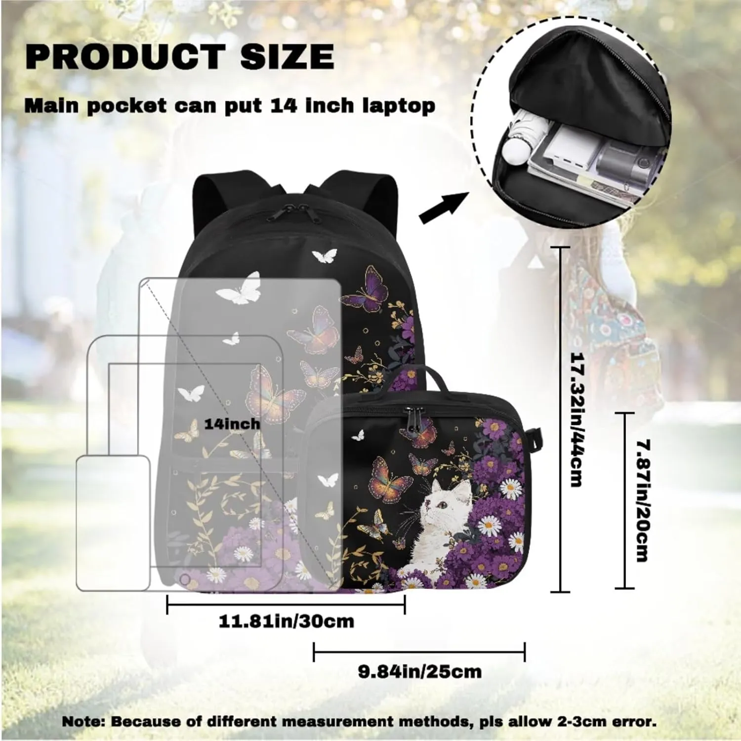 Babrukda 17 Inch School Backpack Set for Teen Girls Insulated Lunch Bag with Pencil Bag Organizer Pouch Large Capacity School Back Pack with Pencil Case Organizer, Butterfly Floral Cat Keychain