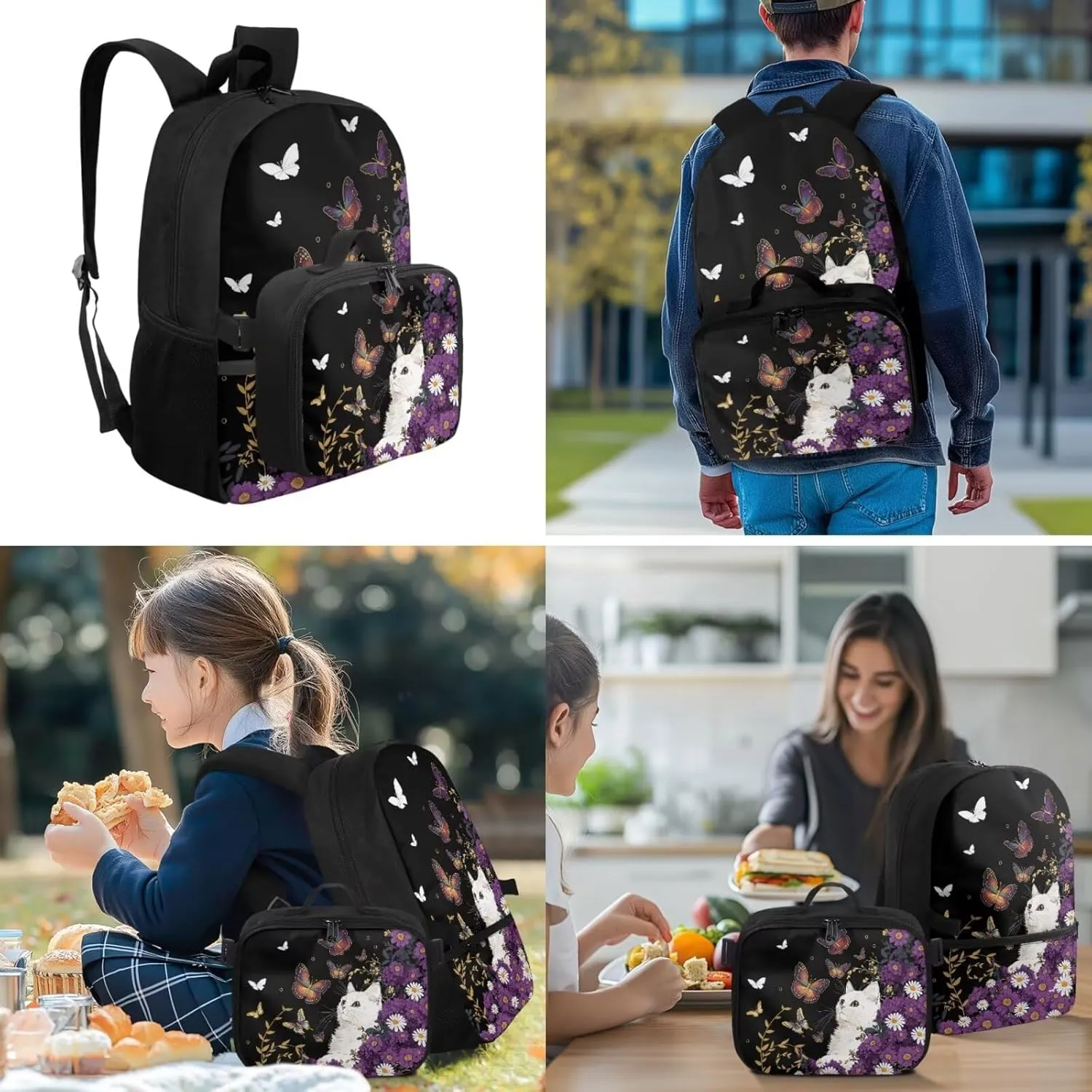 Babrukda 17 Inch School Backpack Set for Teen Girls Insulated Lunch Bag with Pencil Bag Organizer Pouch Large Capacity School Back Pack with Pencil Case Organizer, Butterfly Floral Cat Keychain