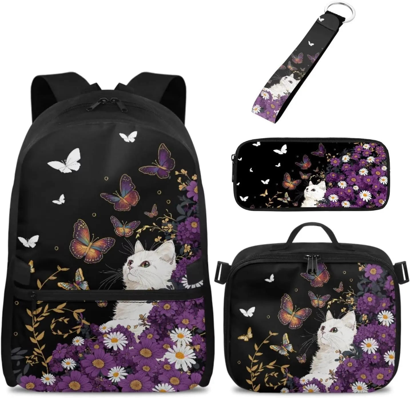Babrukda 17 Inch School Backpack Set for Teen Girls Insulated Lunch Bag with Pencil Bag Organizer Pouch Large Capacity School Back Pack with Pencil Case Organizer, Butterfly Floral Cat Keychain