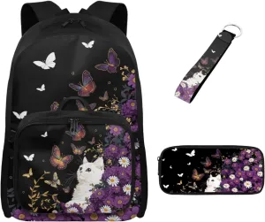 Babrukda 17 Inch School Backpack Set for Teen Girls Insulated Lunch Bag with Pencil Bag Organizer Pouch Large Capacity School Back Pack with Pencil Case Organizer, Butterfly Floral Cat Keychain
