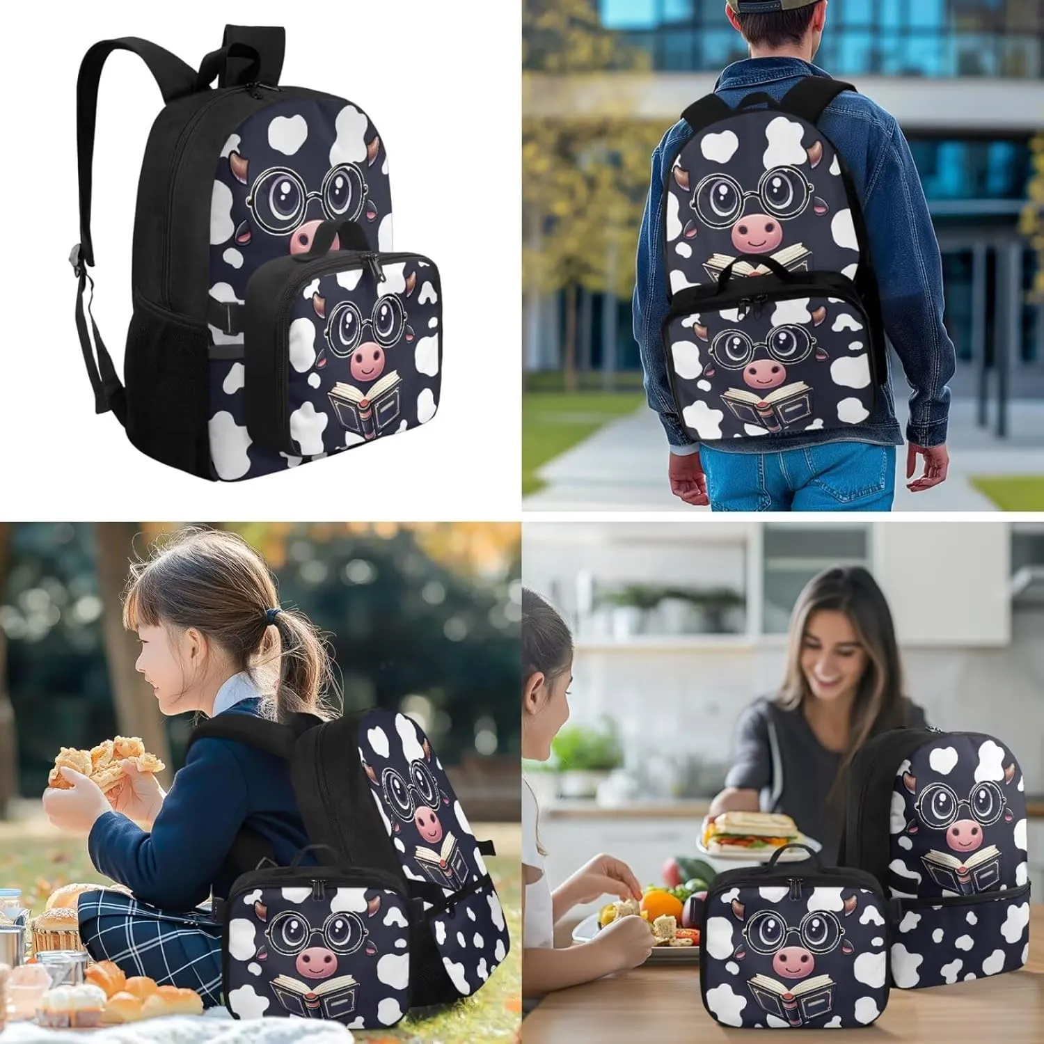 Babrukda 17 Inch School Backpack Set with Insulated Lunch Bag for Boys Pencil Bag Pouch, Cowhide Kids Backpack for Travel Picnic Hiking Food Storage Containers with Keychain Wristlet