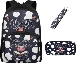 Babrukda 17 Inch School Backpack Set with Insulated Lunch Bag for Boys Pencil Bag Pouch, Cowhide Kids Backpack for Travel Picnic Hiking Food Storage Containers with Keychain Wristlet