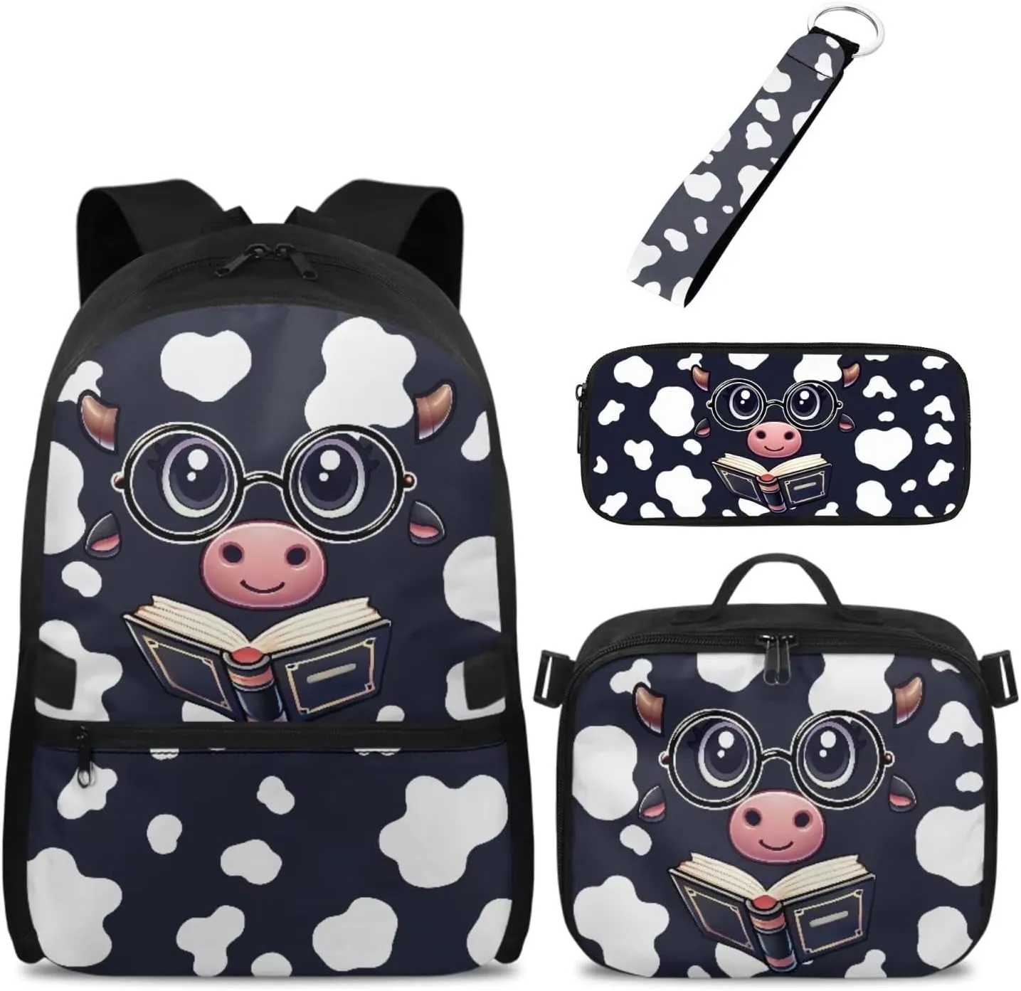 Babrukda 17 Inch School Backpack Set with Insulated Lunch Bag for Boys Pencil Bag Pouch, Cowhide Kids Backpack for Travel Picnic Hiking Food Storage Containers with Keychain Wristlet