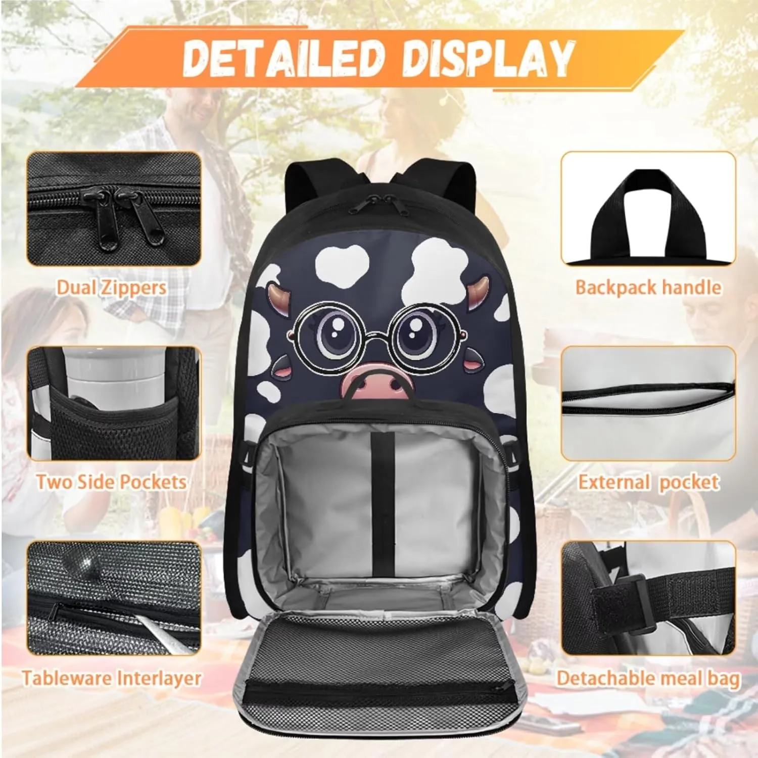 Babrukda 17 Inch School Backpack Set with Insulated Lunch Bag for Boys Pencil Bag Pouch, Cowhide Kids Backpack for Travel Picnic Hiking Food Storage Containers with Keychain Wristlet