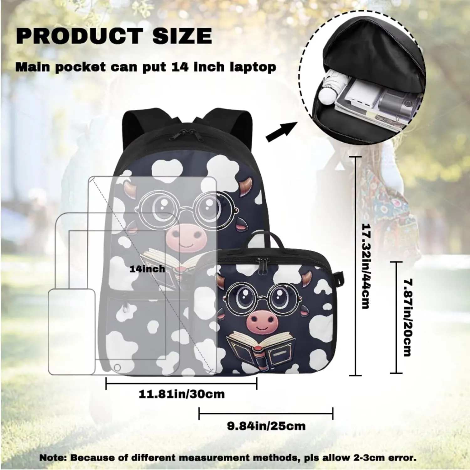 Babrukda 17 Inch School Backpack Set with Insulated Lunch Bag for Boys Pencil Bag Pouch, Cowhide Kids Backpack for Travel Picnic Hiking Food Storage Containers with Keychain Wristlet