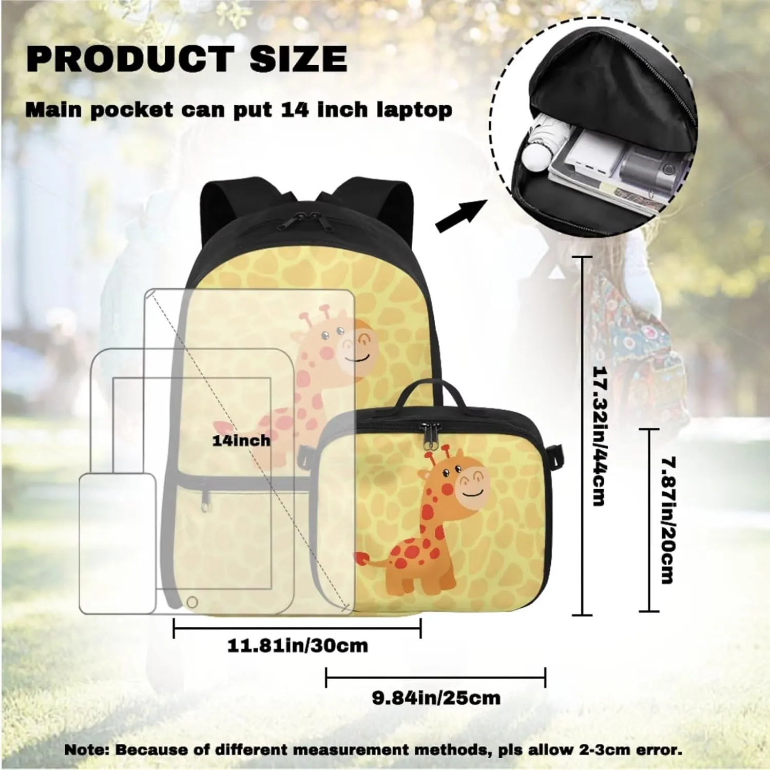 Babrukda 17 Inch School Backpack Set with Insulated Lunch Tote Bag, Small Insulated Lunch Bag for Girls Pencil Box Case Storage, Leakproof Food Storage Container, Cute Giraffe