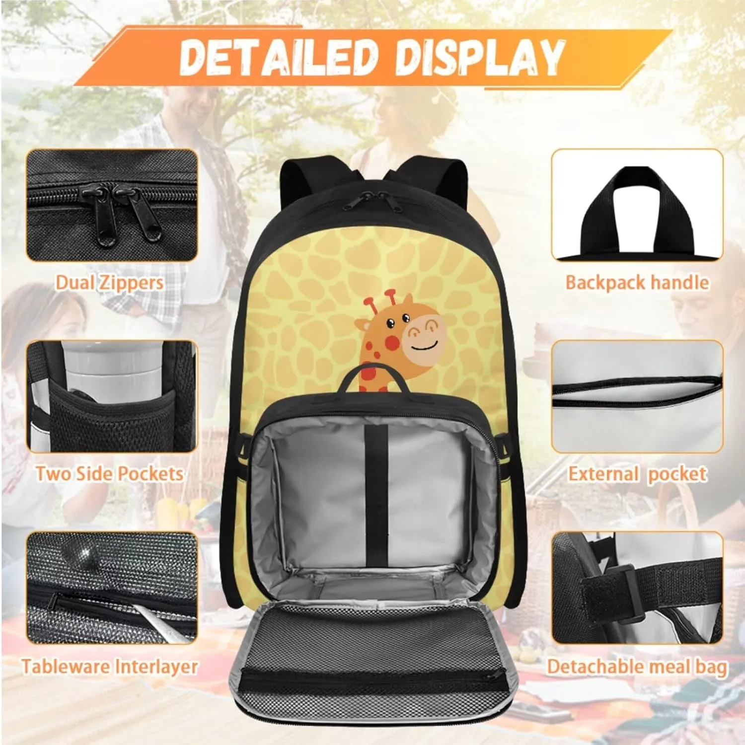 Babrukda 17 Inch School Backpack Set with Insulated Lunch Tote Bag, Small Insulated Lunch Bag for Girls Pencil Box Case Storage, Leakproof Food Storage Container, Cute Giraffe